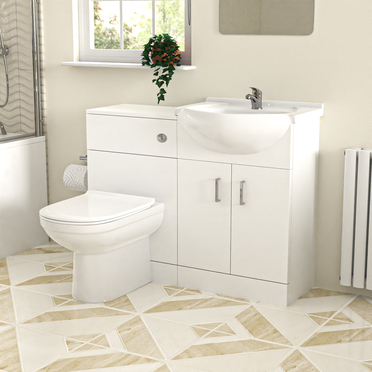 White Vanity, WC Unit, Toilet, 1700mm Bath, Panel & Shower Screen Tap Set