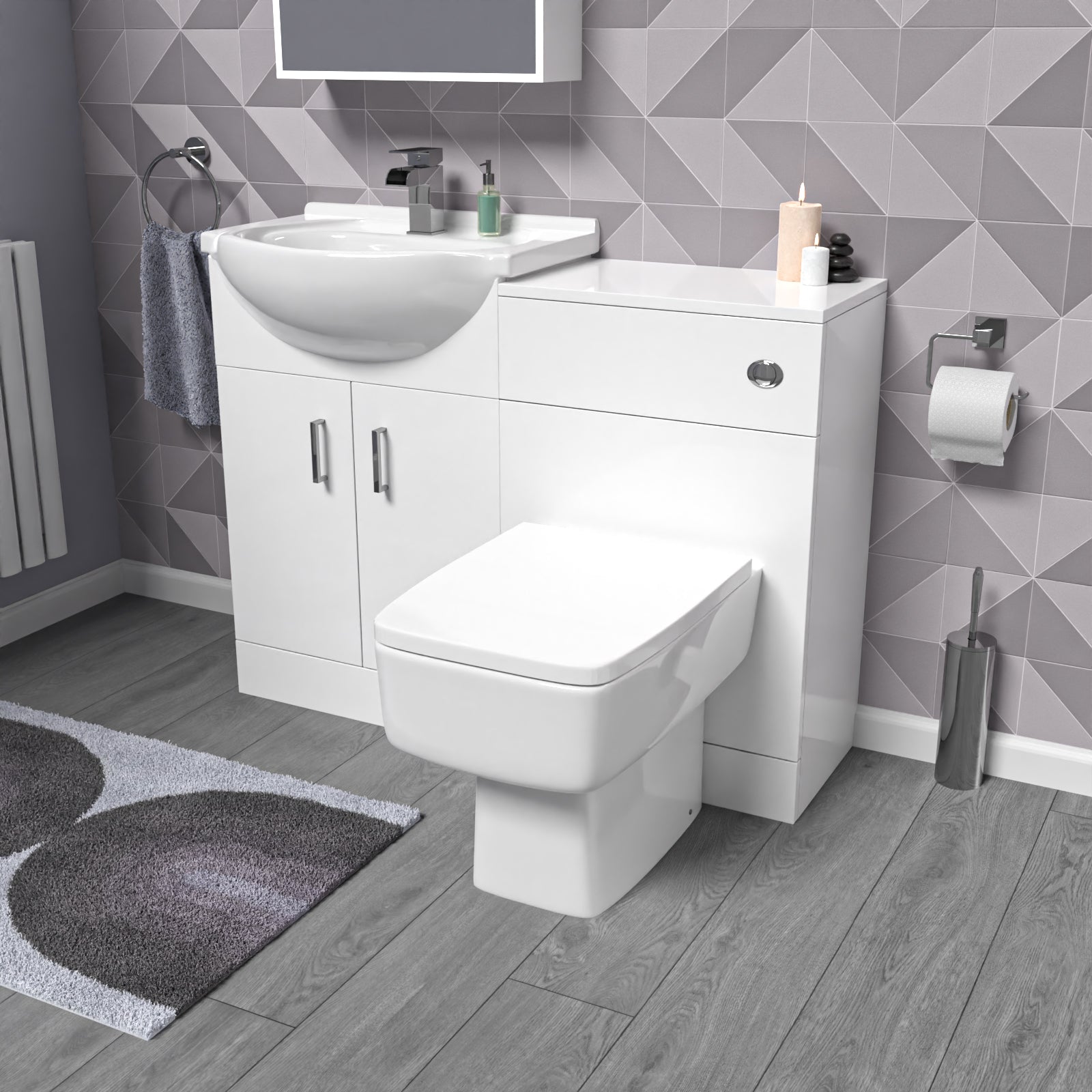 Ellen White Basin Vanity WC Unit & Square BTW Toilet Set