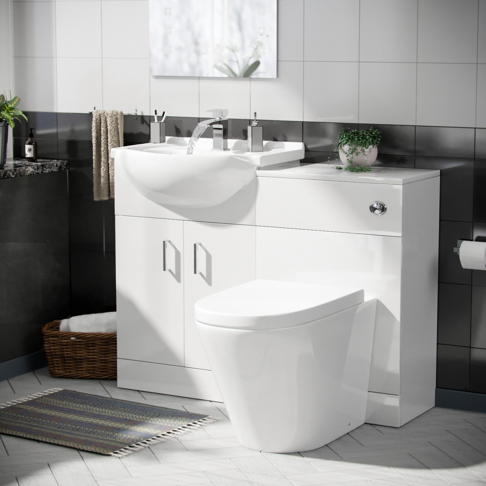 White 1050mm Vanity Basin WC Unit & Back To Wall Toilet Flat Pack