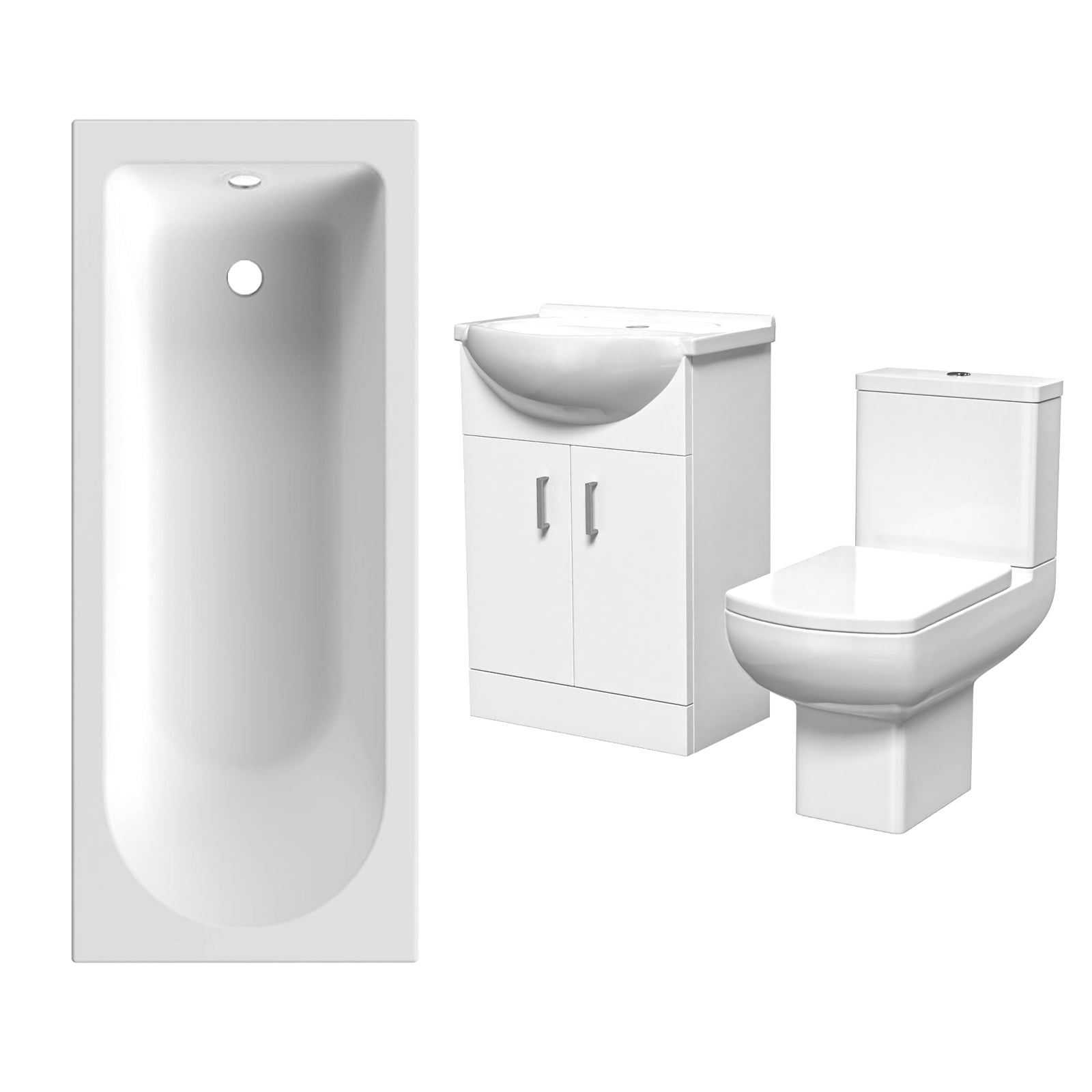 Ellen 550mm White Basin Vanity, Square Rimless Close Coupled Toilet And Bath