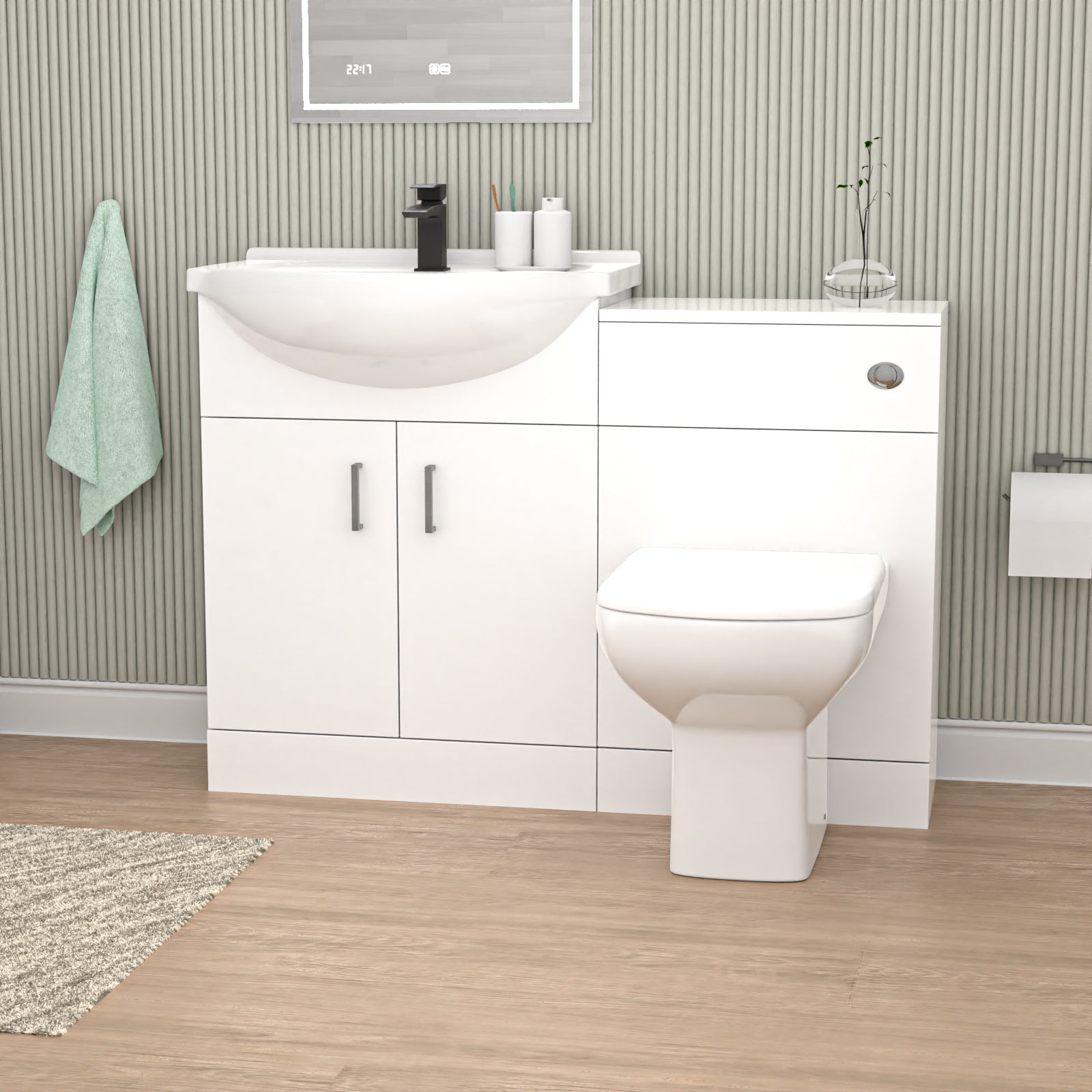 Ellen 1150mm White Basin Vanity, WC Unit & White Rimless BTW Toilet