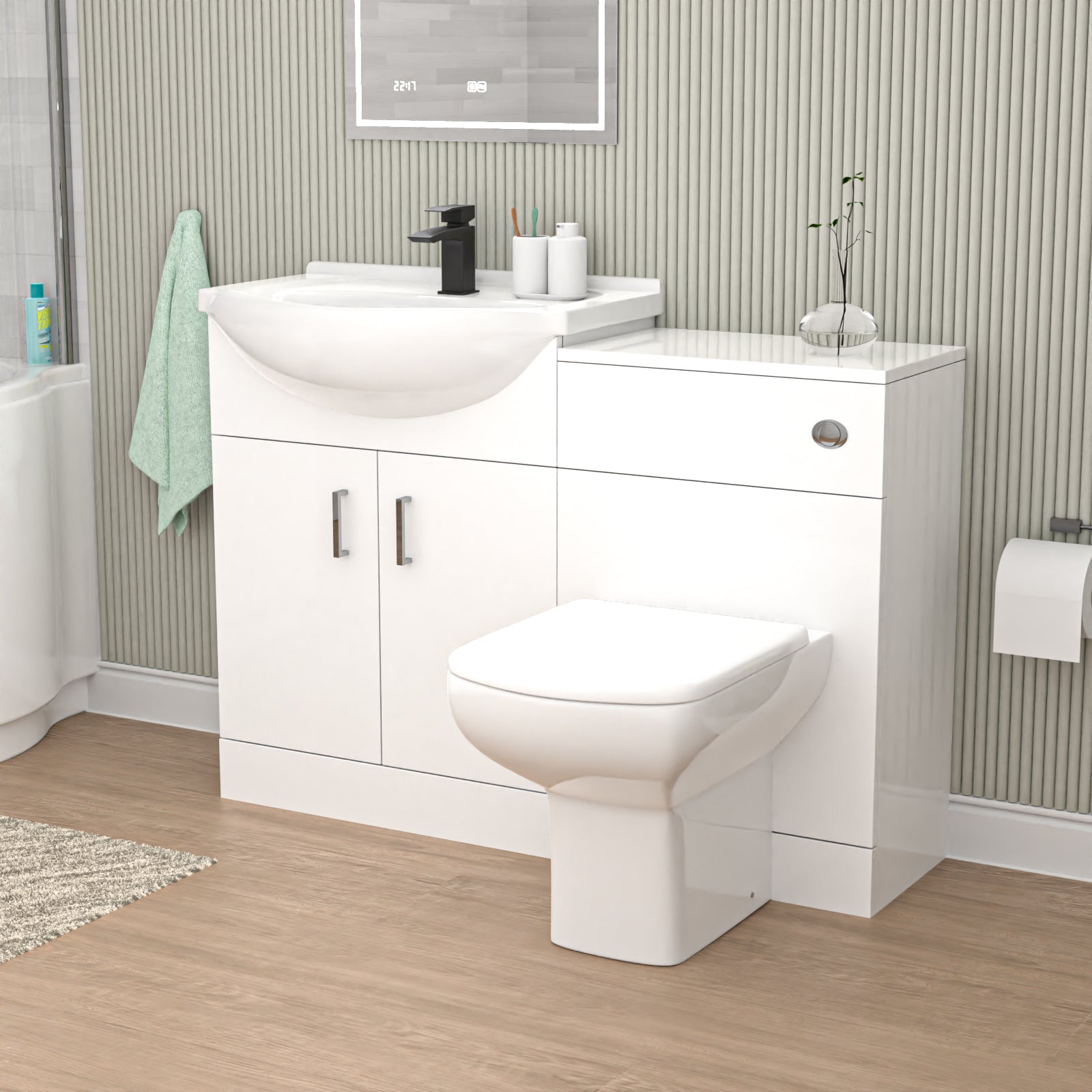 Ellen 1150mm White Basin Vanity, WC Unit & White Rimless BTW Toilet