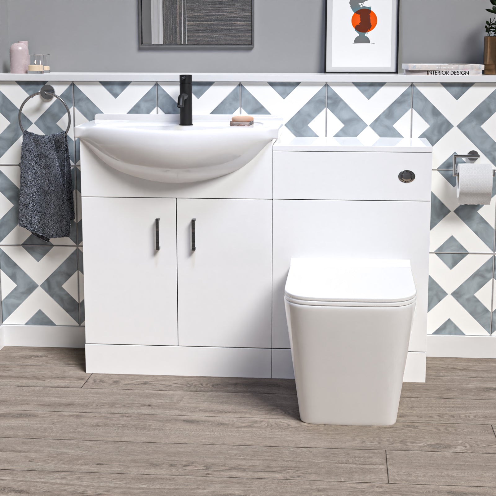Ellen 1150mm White Vanity Unit With Basin, WC Unit & Square BTW Toilet
