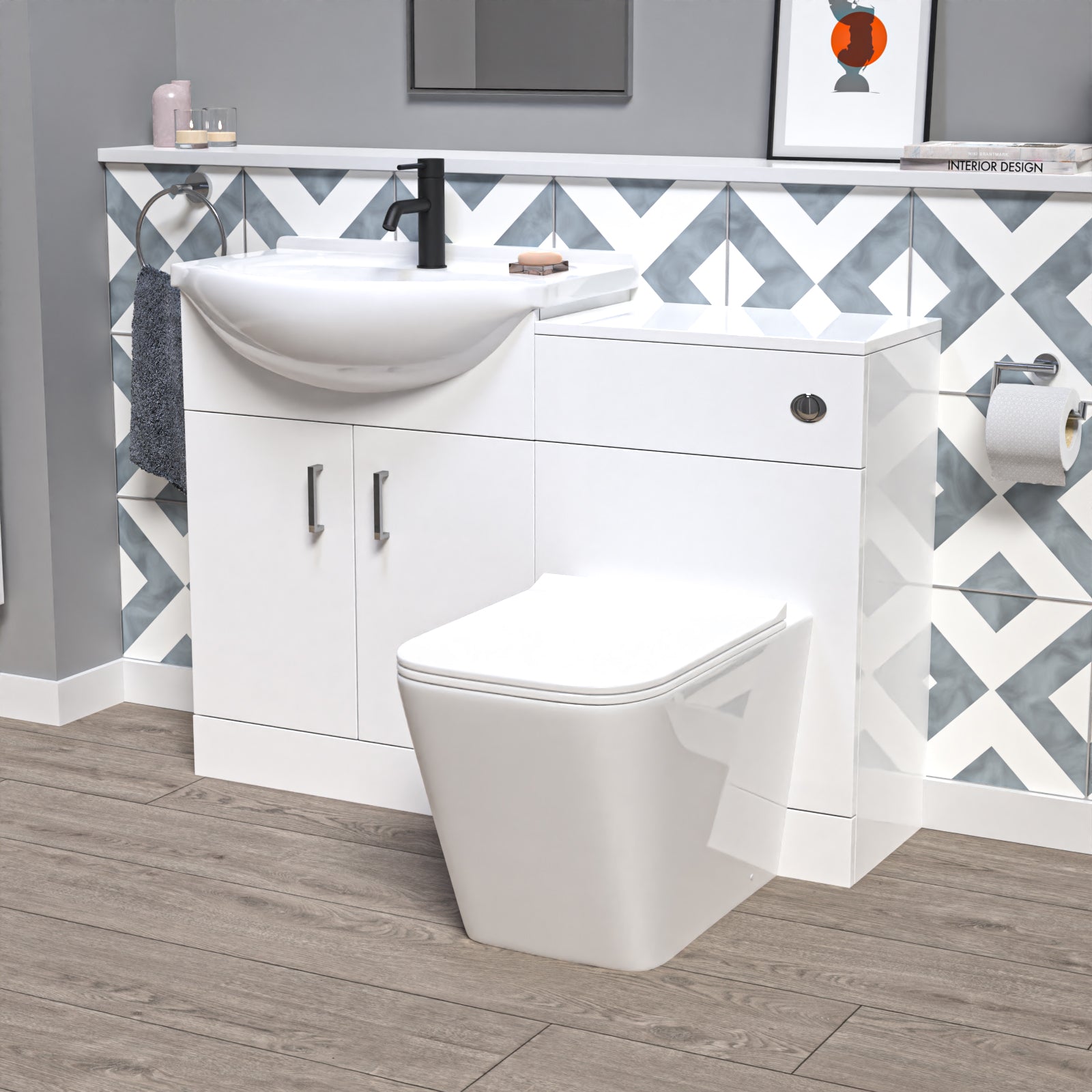 Ellen 1150mm White Vanity Unit With Basin, WC Unit & Square BTW Toilet