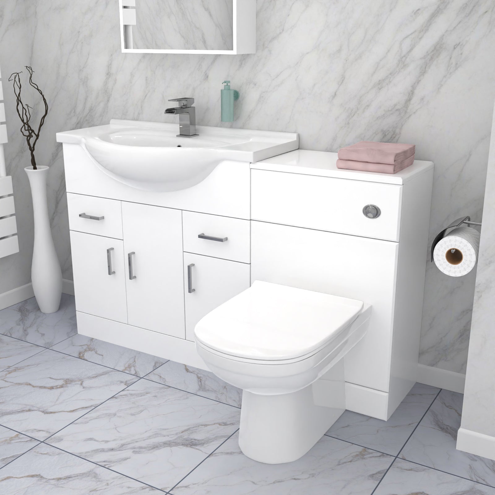 Ellen 1350mm Floor Standing White Cabinet, WC Unit & BTW Toilet