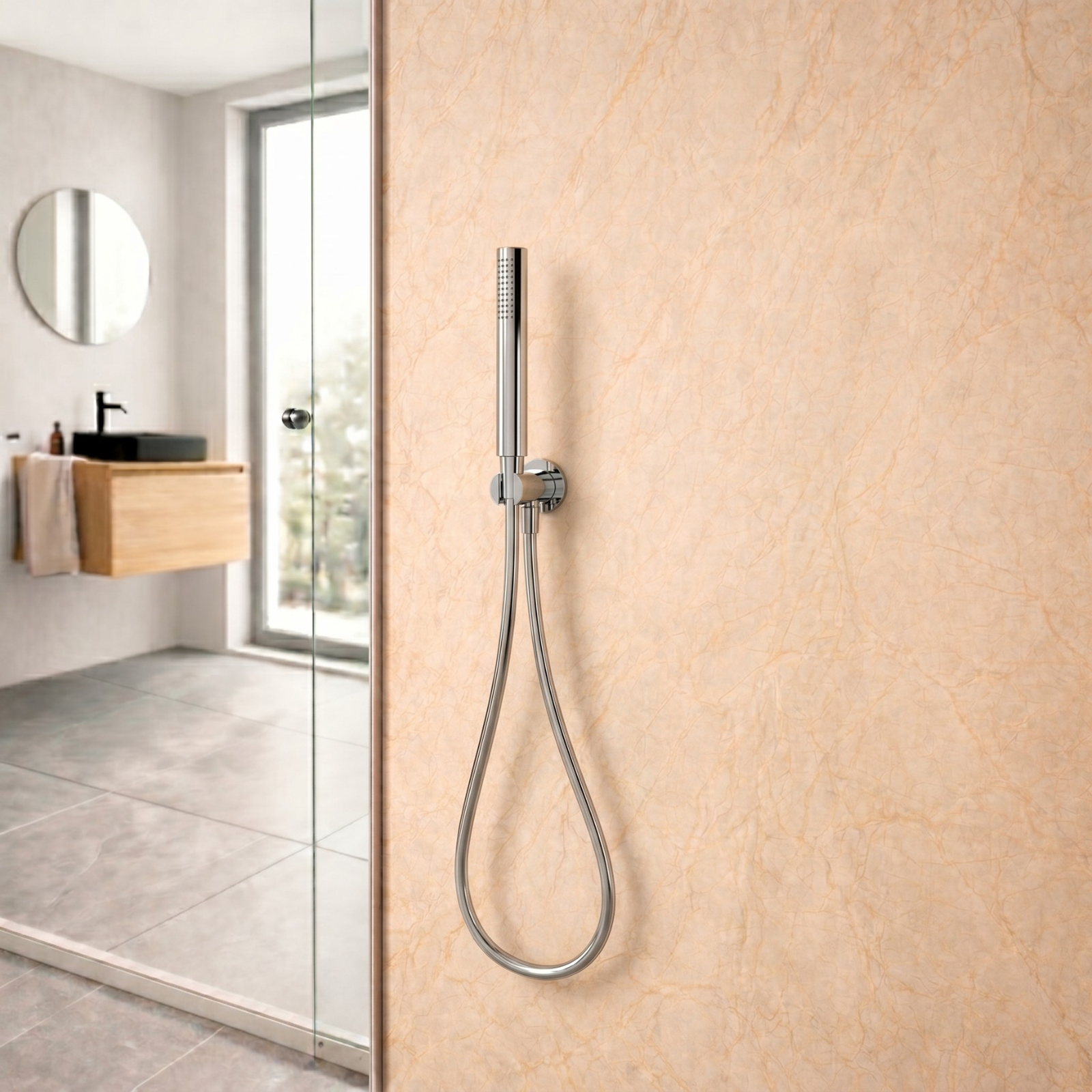 Modern Chrome Round Handheld Shower with Wall Outlet Elbow Set