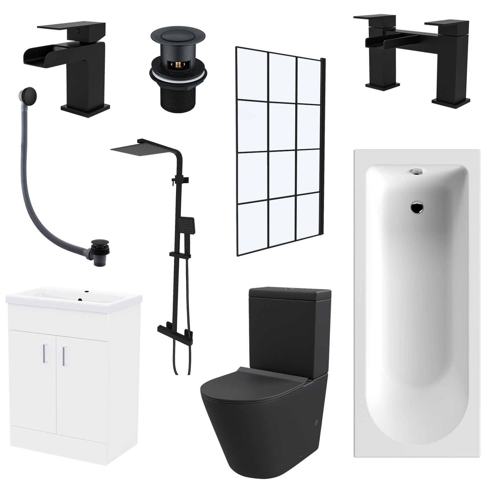 Nanuya Black Toilet Vanity Bathroom Suite with Bath & Black Grid Bath Screen