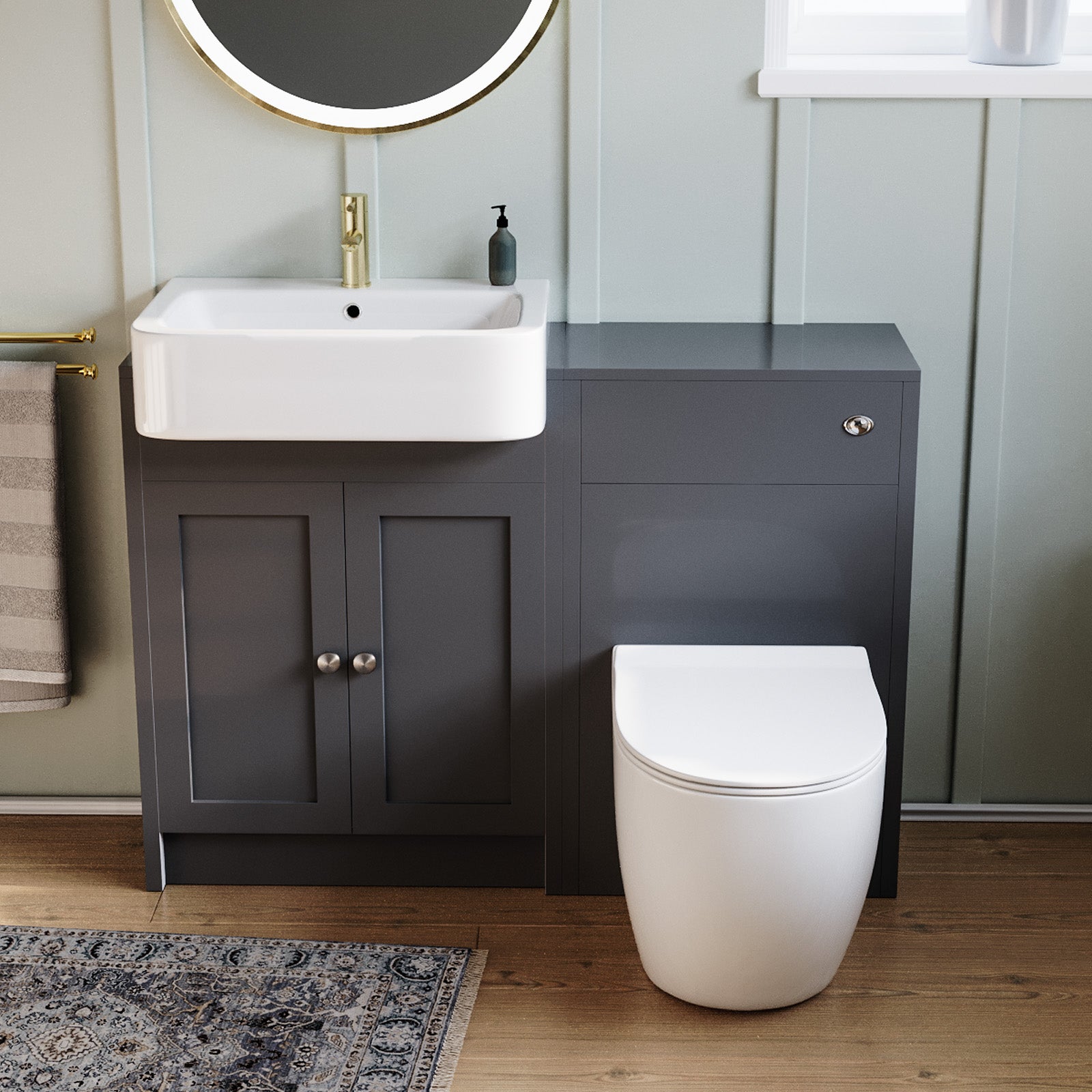 Dark Grey 1100mm Traditional Vanity Basin WC Unit & BTW Curve Toilet