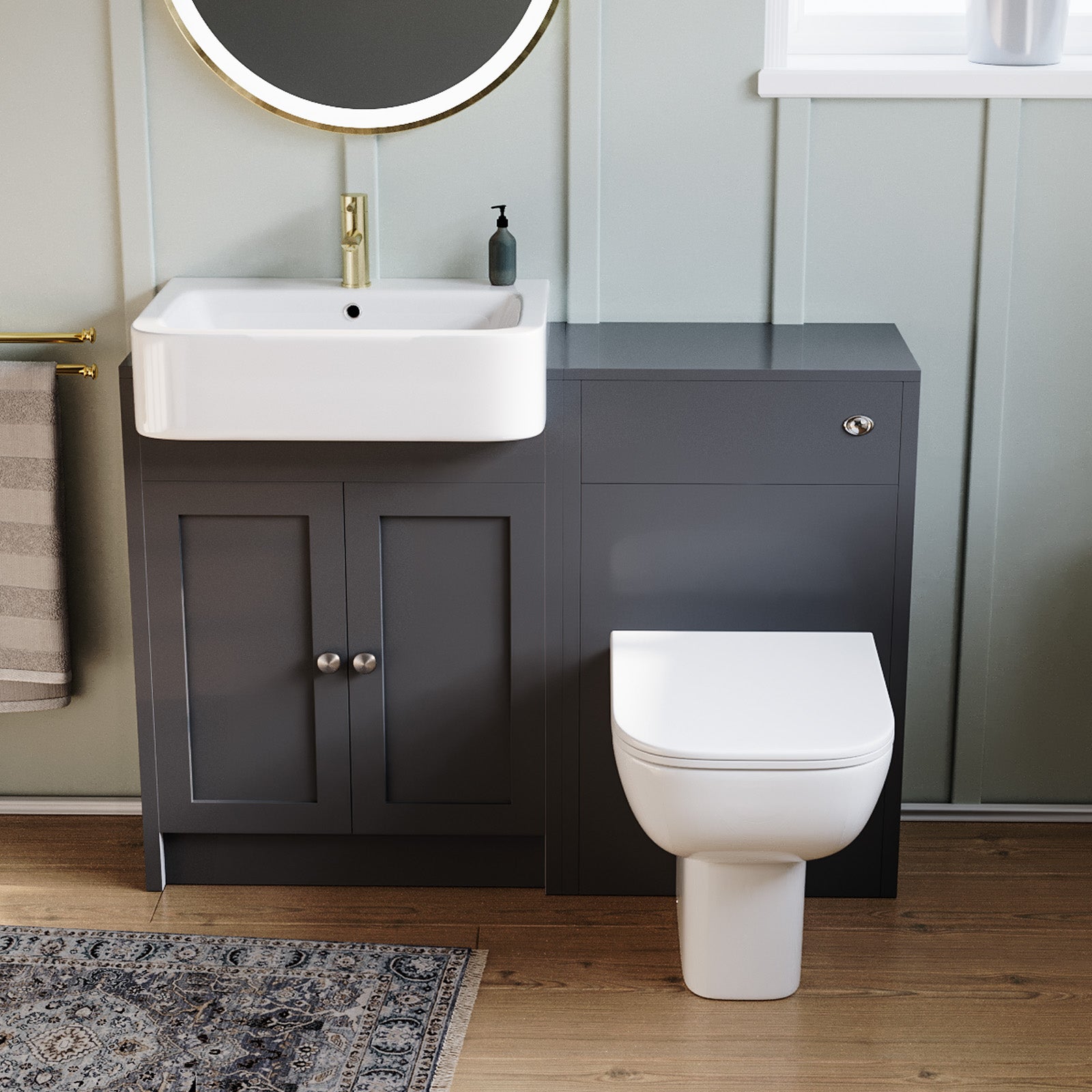 Dark Grey 1100mm Traditional Vanity Basin WC Unit & BTW Toilet Unit