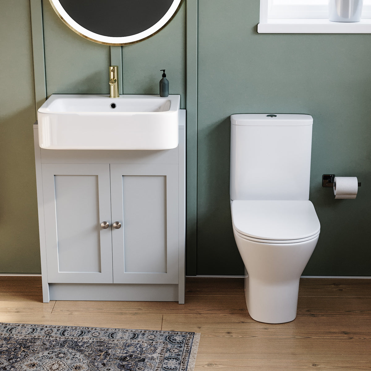 Camberly 600mm Basin Vanity With Open Back Close Coupled Toilet - Matte Grey