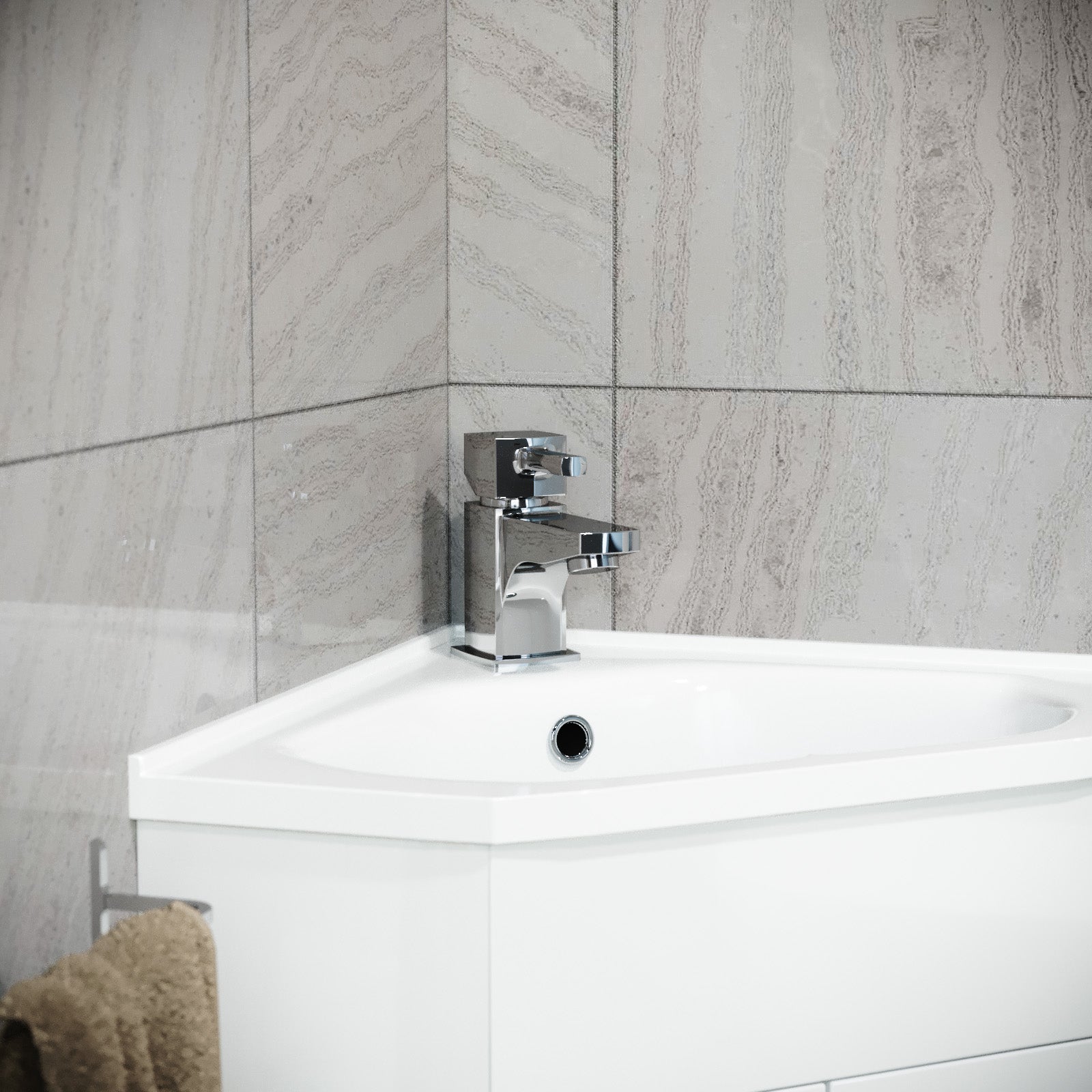 Nanuya White Modern Corner Vanity Unit with Ceramic Basin and Square Mixer Tap + Waste