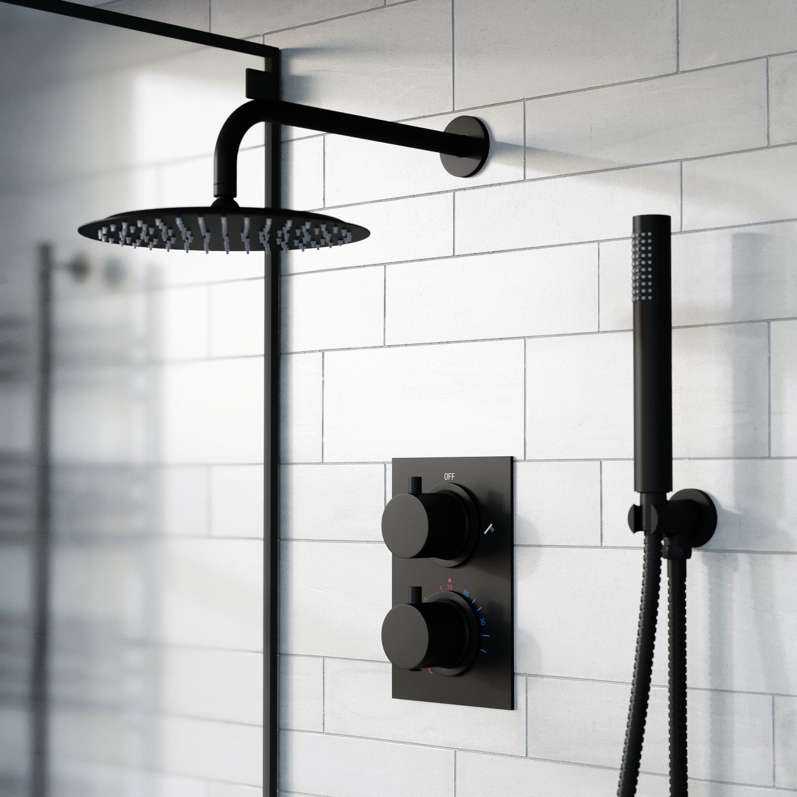FD 20" Rectangle Matte Black Shower System – Rain Head, Handheld Spray, LED Lights, Wall Mount