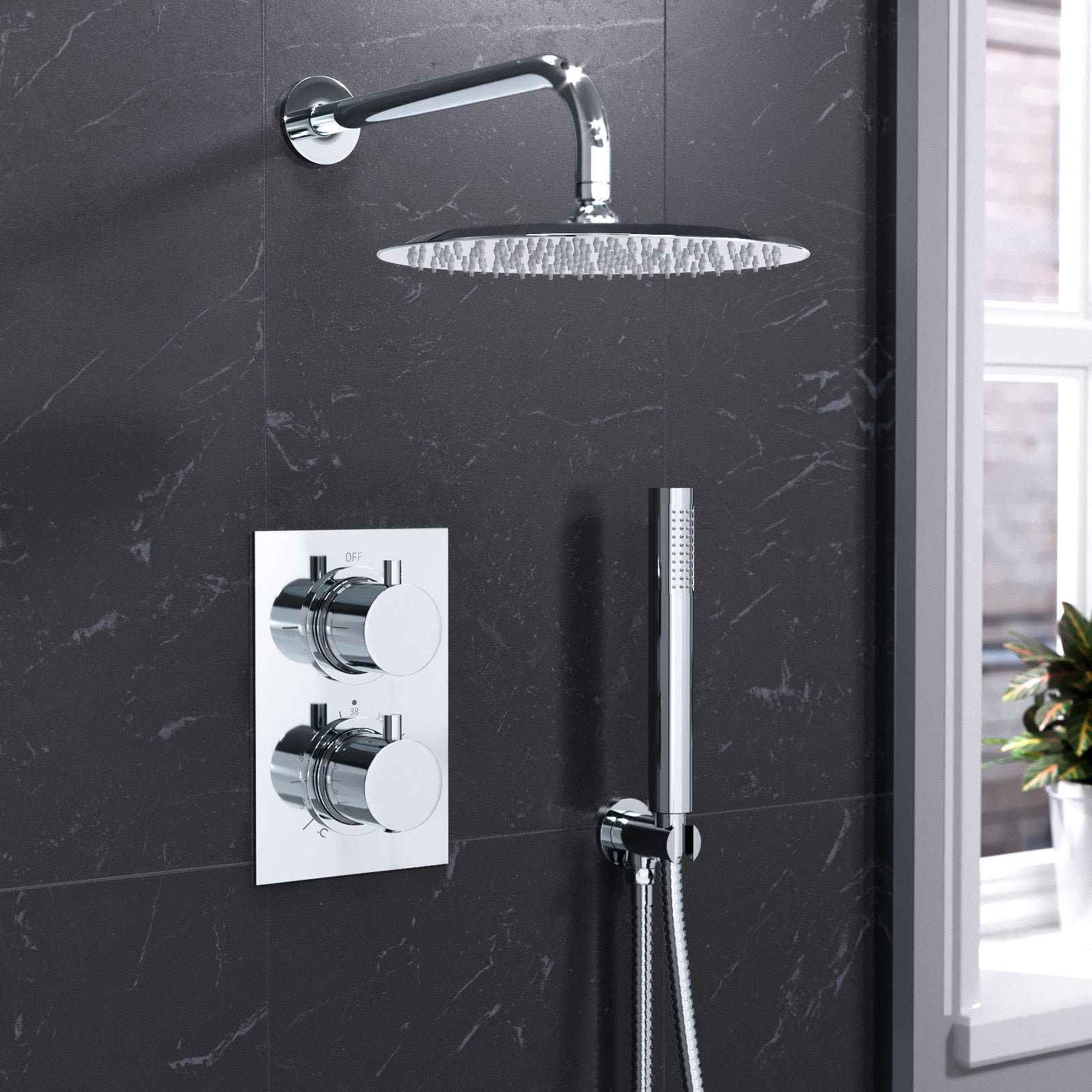 Folke 2 Dial 2 Way Round Concealed Thermostatic Shower Mixer Valve, Shower Head, and Handset Chrome