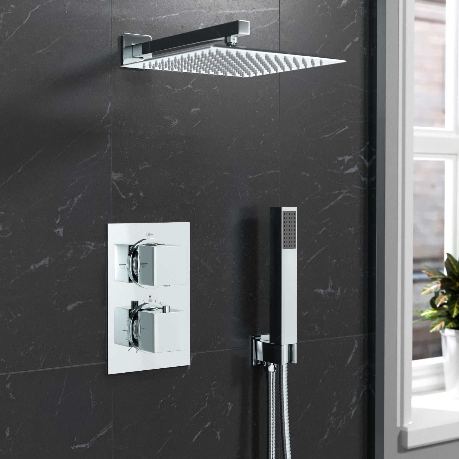 2 Dial 2 Way Square Concealed Thermostatic Shower Mixer,Head,Handset set Chrome