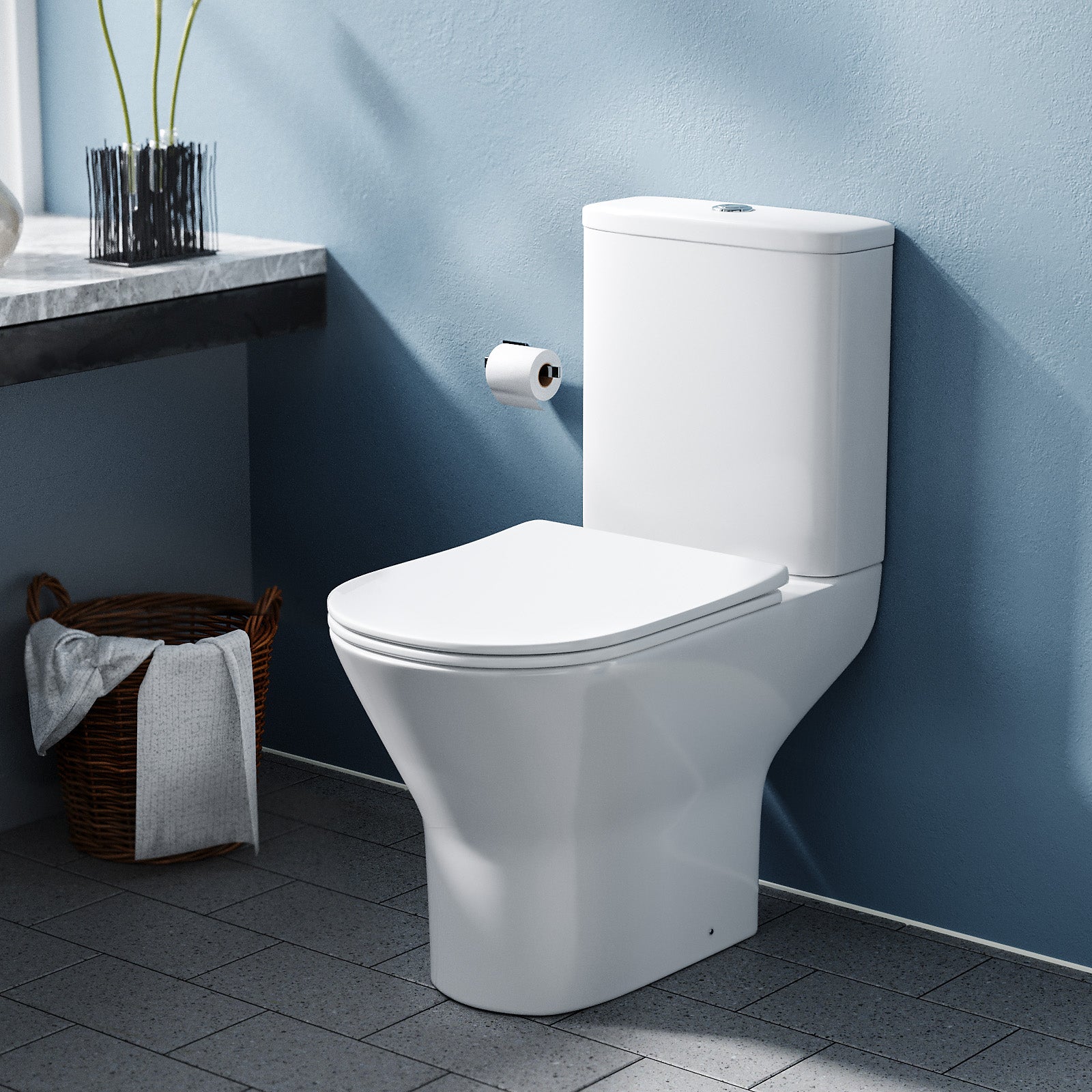 Theo Contemporary Round Rimless Close Coupled Toilet With Soft Close Seat