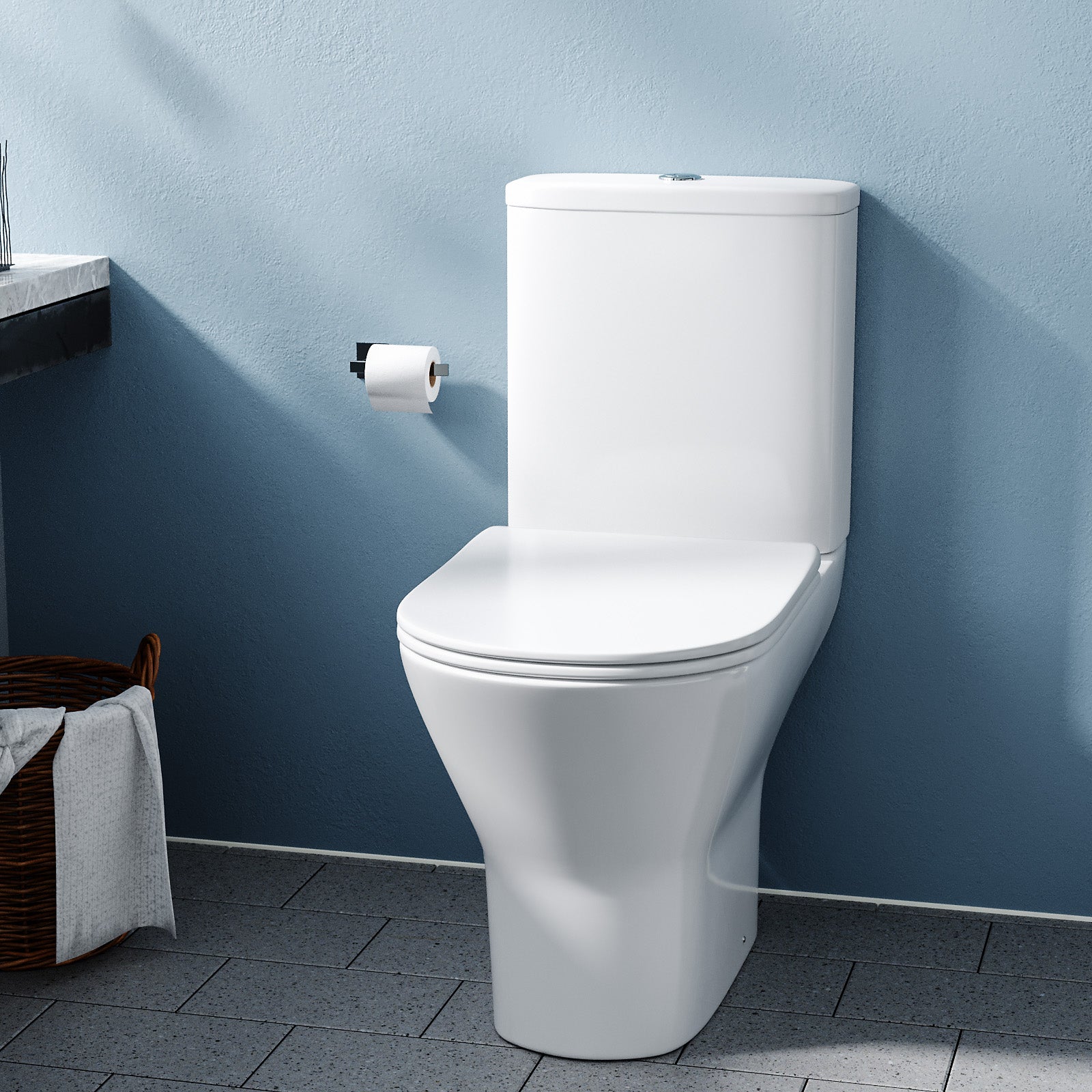 Theo Contemporary Round Rimless Close Coupled Toilet With Soft Close Seat