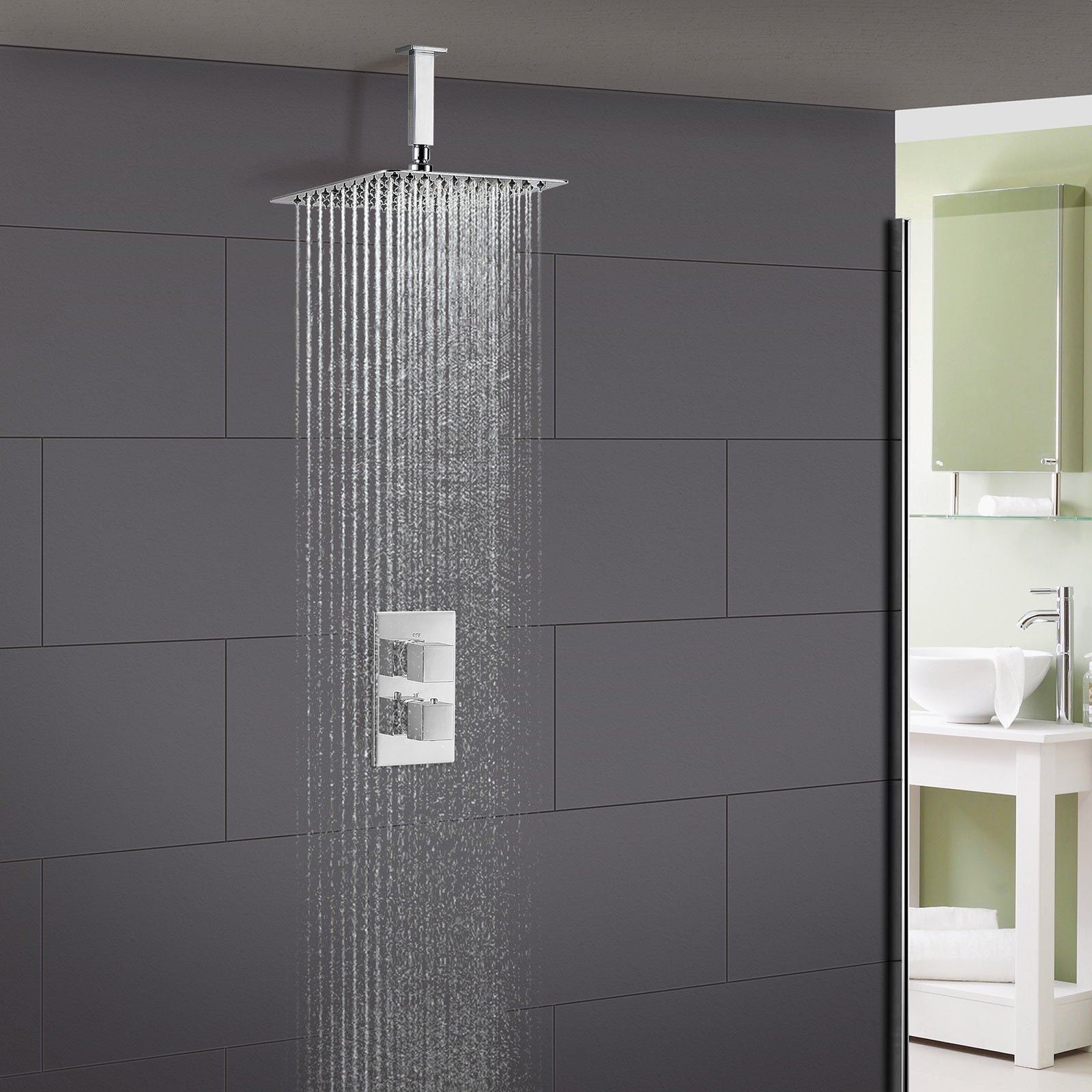 Lotus Square Slim Ceiling 2 Dial 1 Way Brass Valve Thermostatic Shower Set