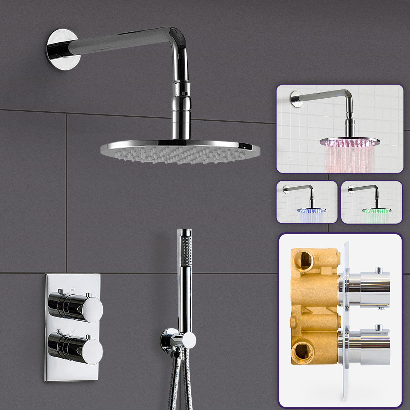 Violet Round Concealed Thermostatic Shower Mixer, Led Shower Head & Handset