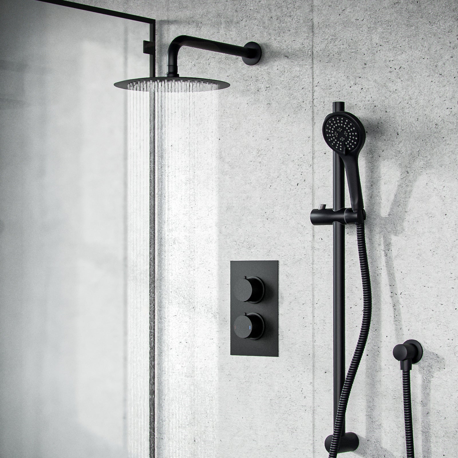 Temel Matt Black Rainfall Shower Head and Thermostatic Mixer Valve with Hand Held Set
