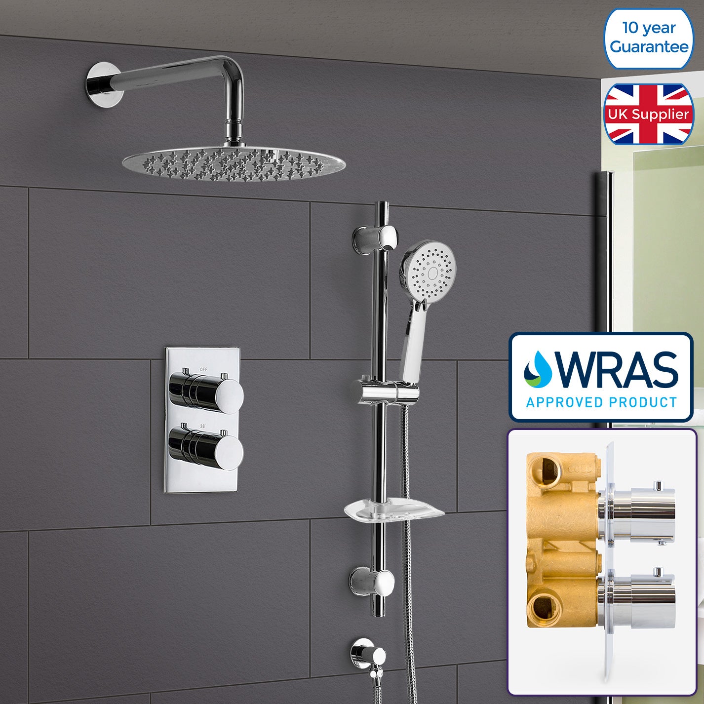Concealed Thermostatic Shower Mixer with hand held Adjustable Rail and Rainfall Shower Head