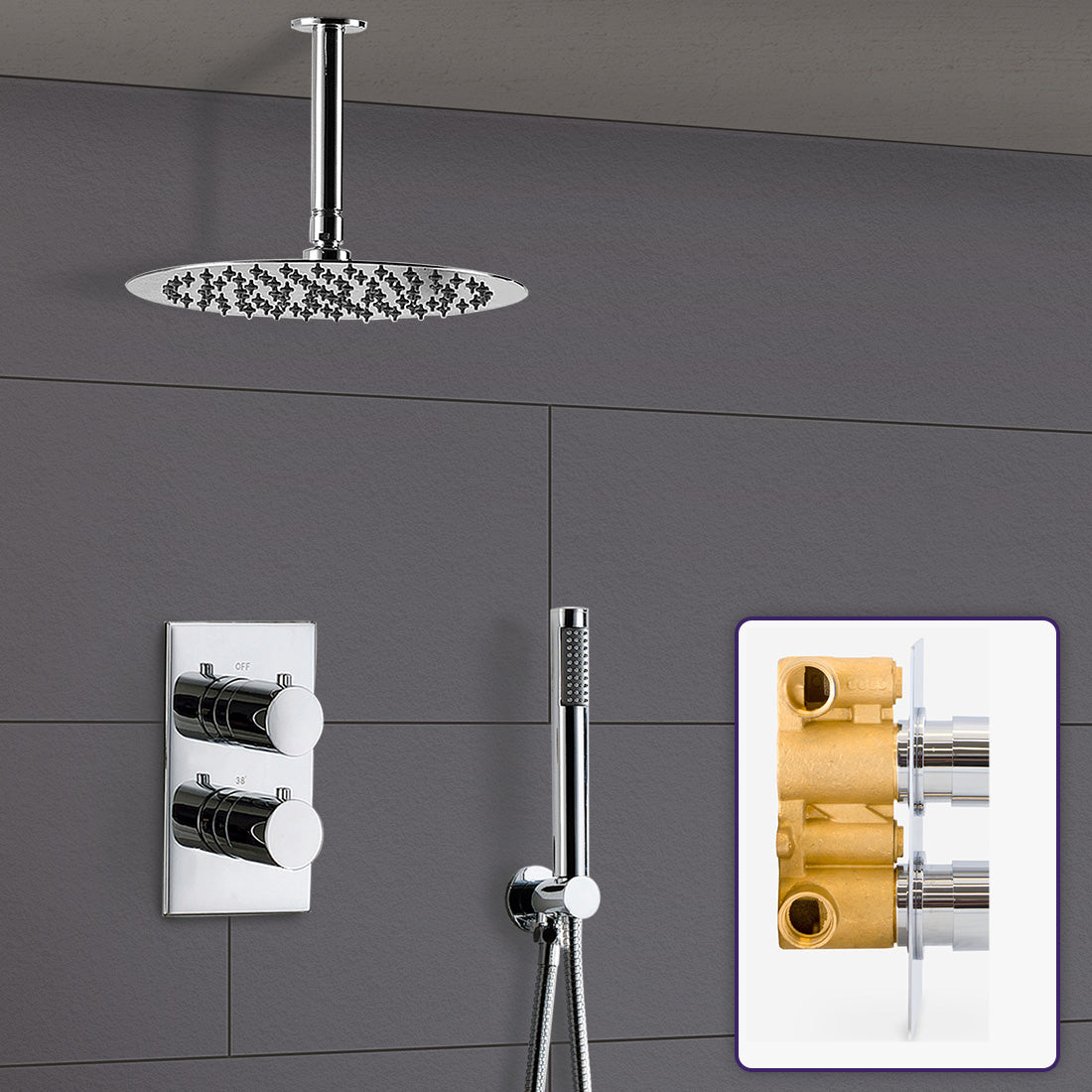 Teslie Round Concealed Thermostatic Shower Mixer Set - Ultra Slim Shower Head 200mm & Handset