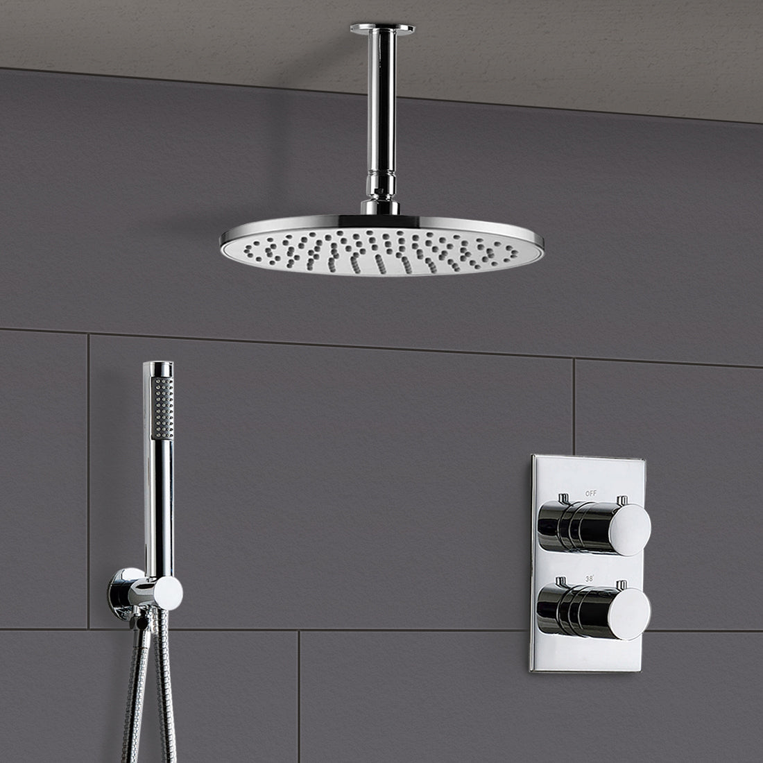 Violet Thermostatic 2 Dial 2 Way Round Set - Ceiling Head & Handset