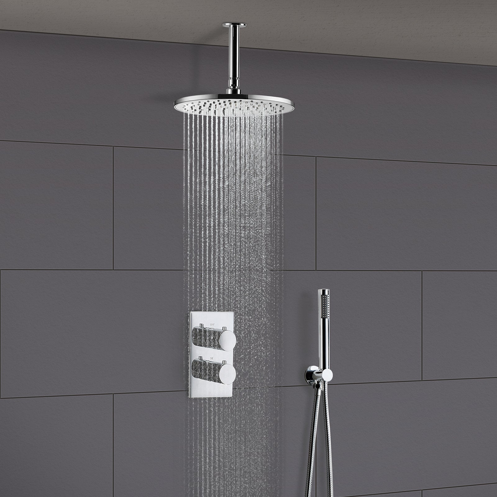 Violet Thermostatic 2 Dial 2 Way Round Set - Ceiling Head & Handset