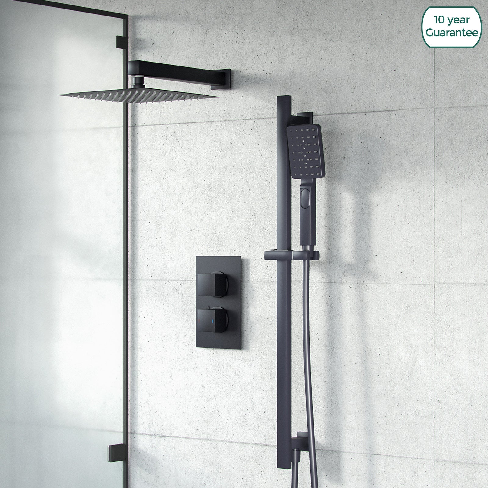 Temel Matte Black 2-Way Concealed Square Thermostatic Shower Mixer Valve Set