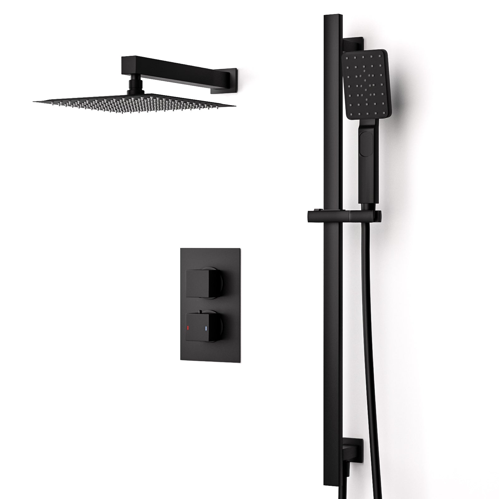 Twin Head Matte Black Rainfall Shower Concealed Mixer Valve Inc Hand Held Set