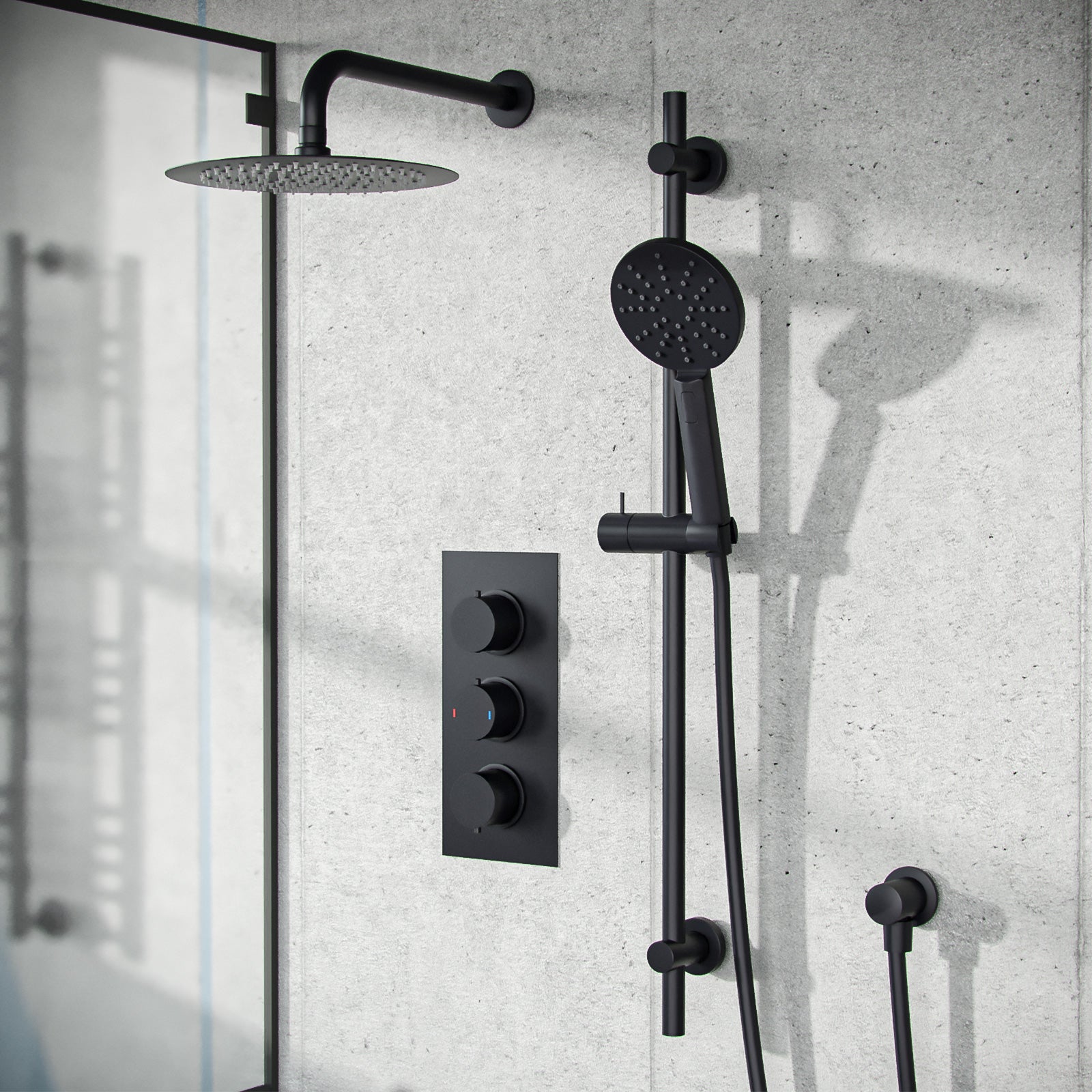 Temel 2-Way Overhead Shower And Matte Black Raiser Rail With Handset Set