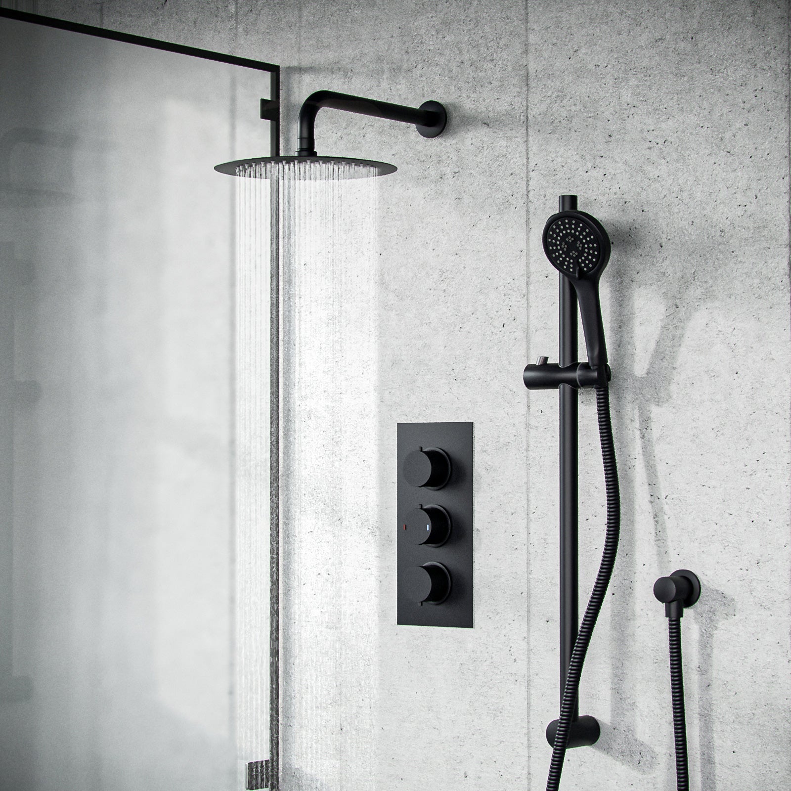 Temel Overhead Rainfall Shower Matt Black Thermostatic Mixer Valve and Handheld