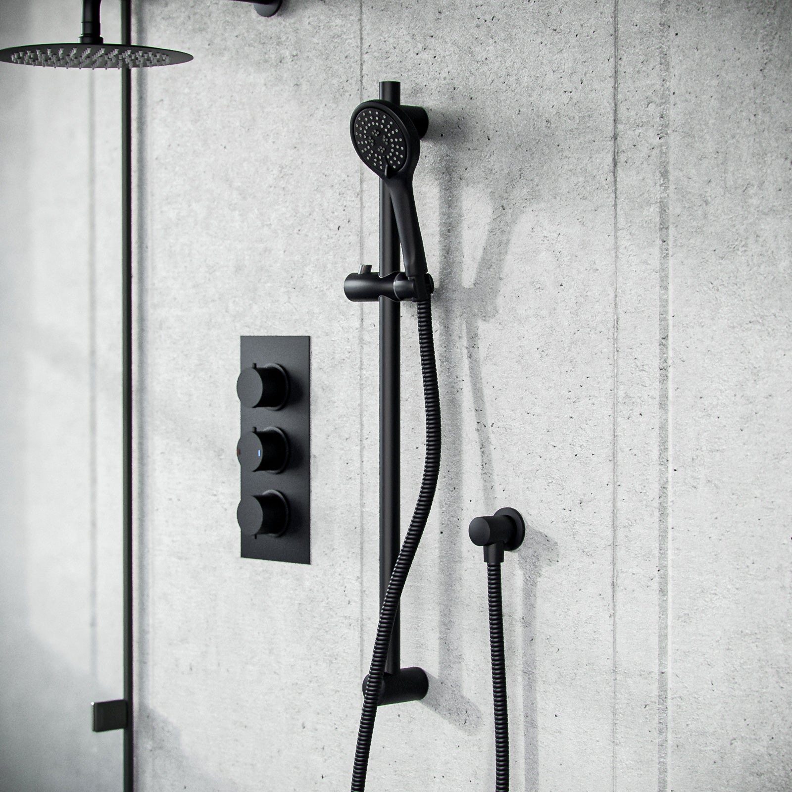 Temel Overhead Rainfall Shower Matt Black Thermostatic Mixer Valve and Handheld