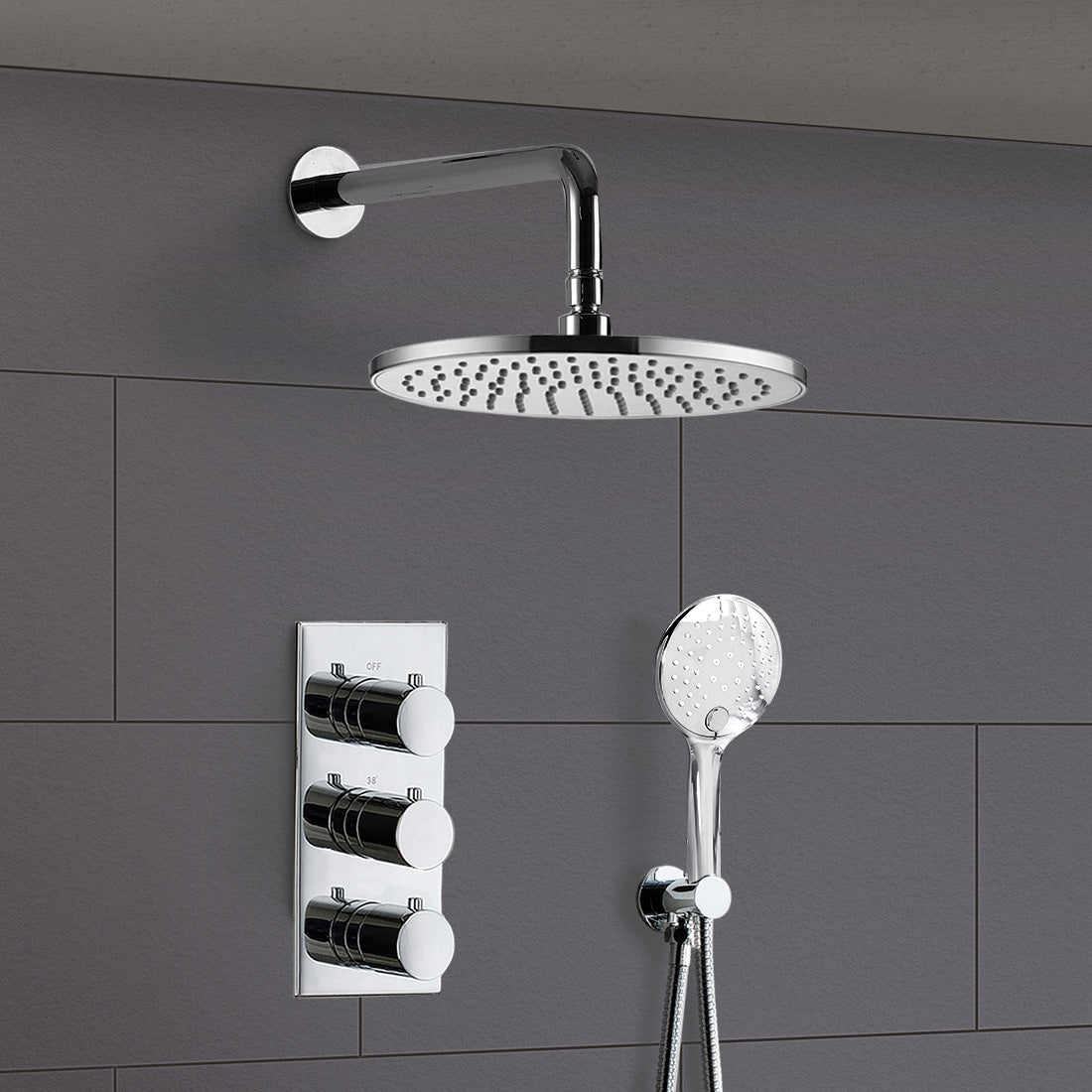Calla Round Shower Head Handset 2 Way 3 Dial Concealed Thermostatic Mixer