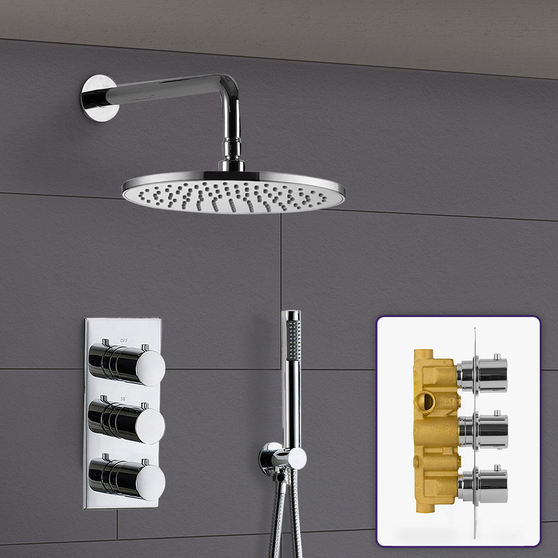 Calla Concealed Two-Way Three-Dial Valve With Slim Round Ceiling Shower Head And Handset Kit