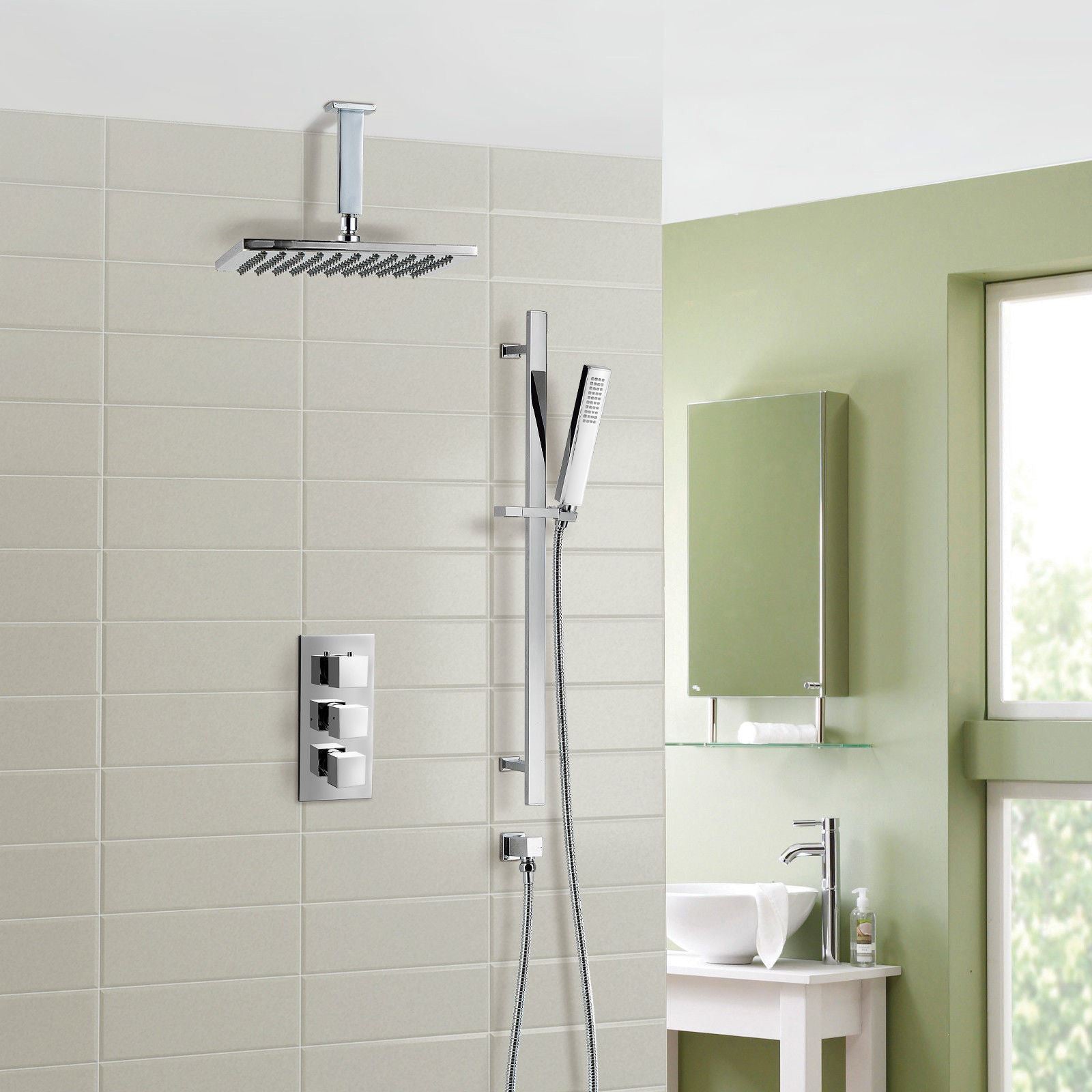 Rose Ceiling Rain Shower Head with Handset 2 Way Concealed Thermostatic Mixer