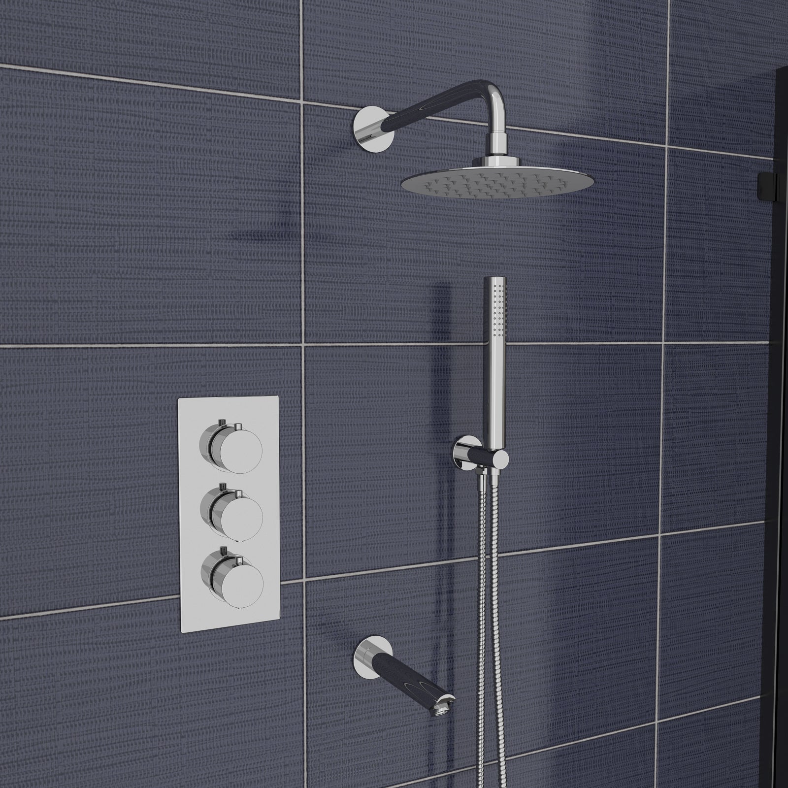 Chrome Round 3 Way Concealed Thermostatic Shower Mixer Valve Shower Head Handset Spout Set