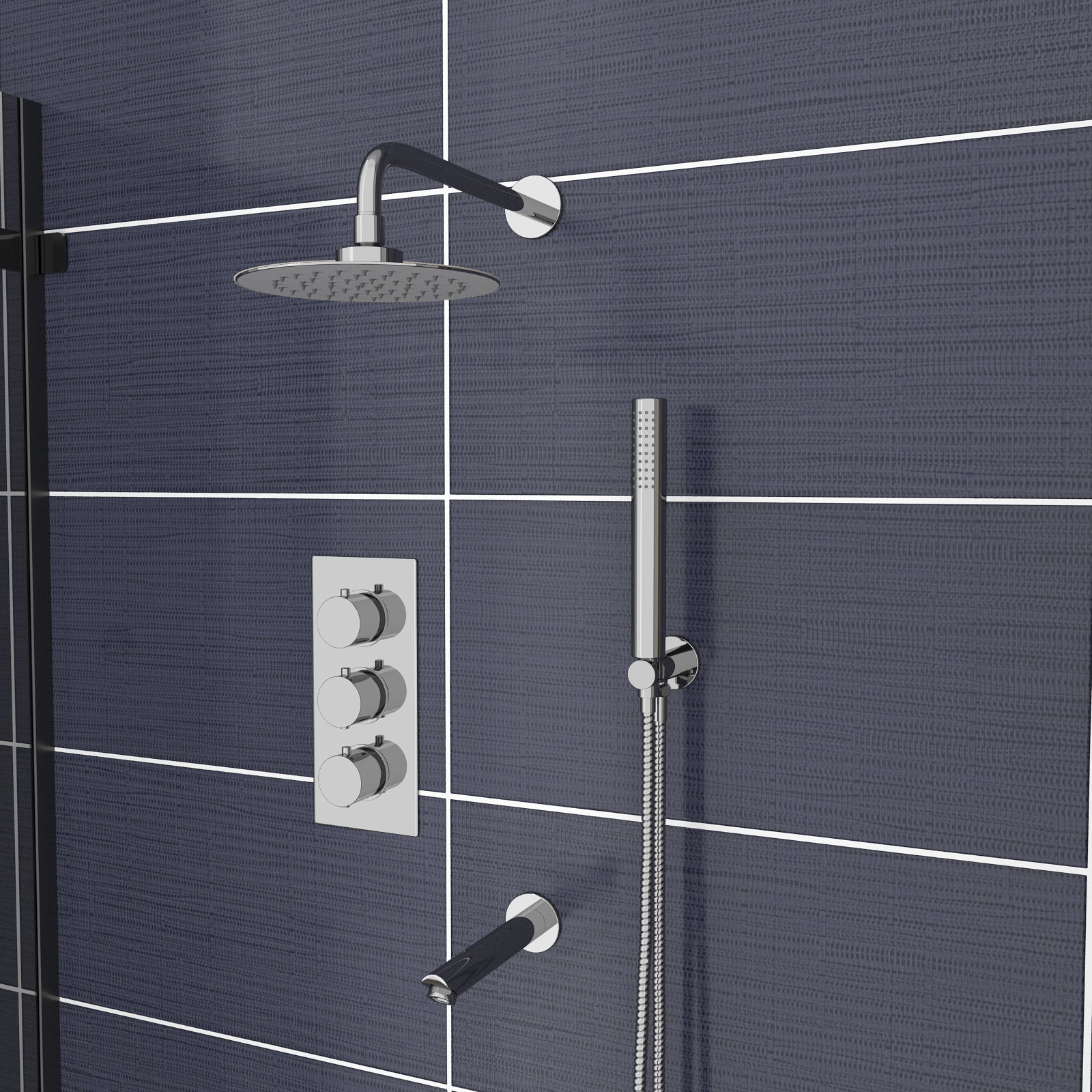 Chrome Round 3 Way Concealed Thermostatic Shower Mixer Valve Shower Head Handset Spout Set