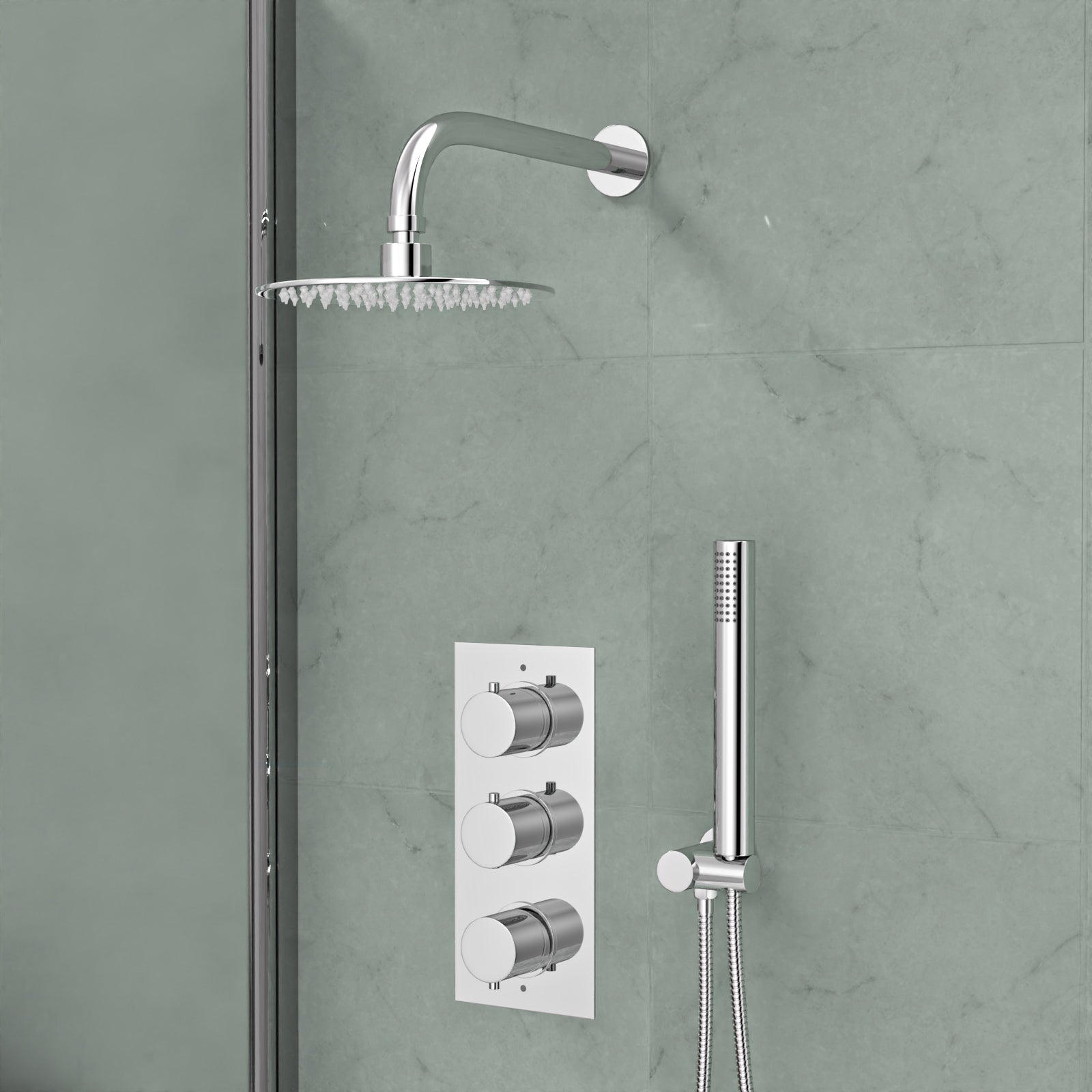 Flora Round 3 Way Concealed Thermostatic Shower Mixer Valve, Shower Head, Handset, Bath Filler Set Chrome