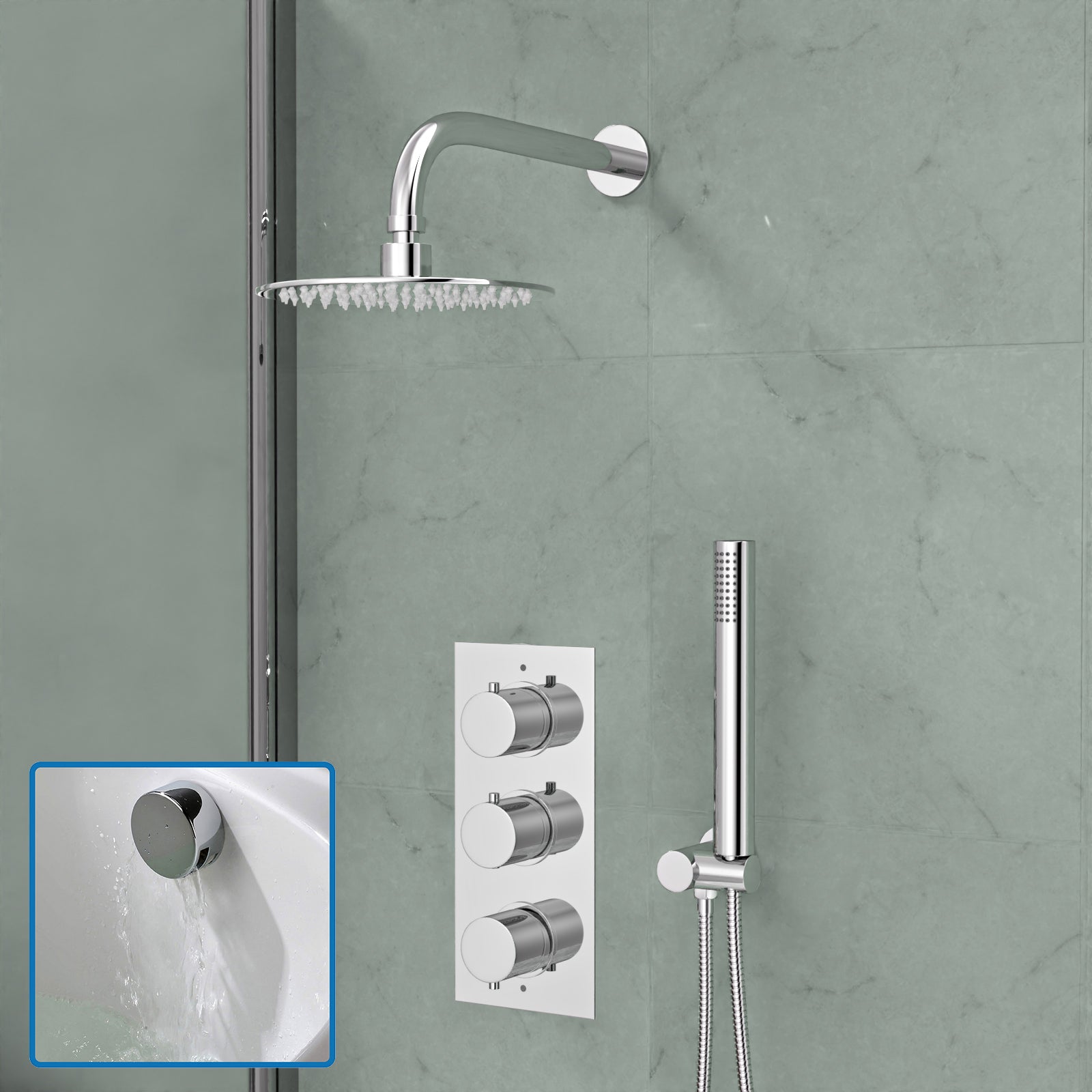 Flora Round 3 Way Concealed Thermostatic Shower Mixer Valve, Shower Head, Handset, Bath Filler Set Chrome