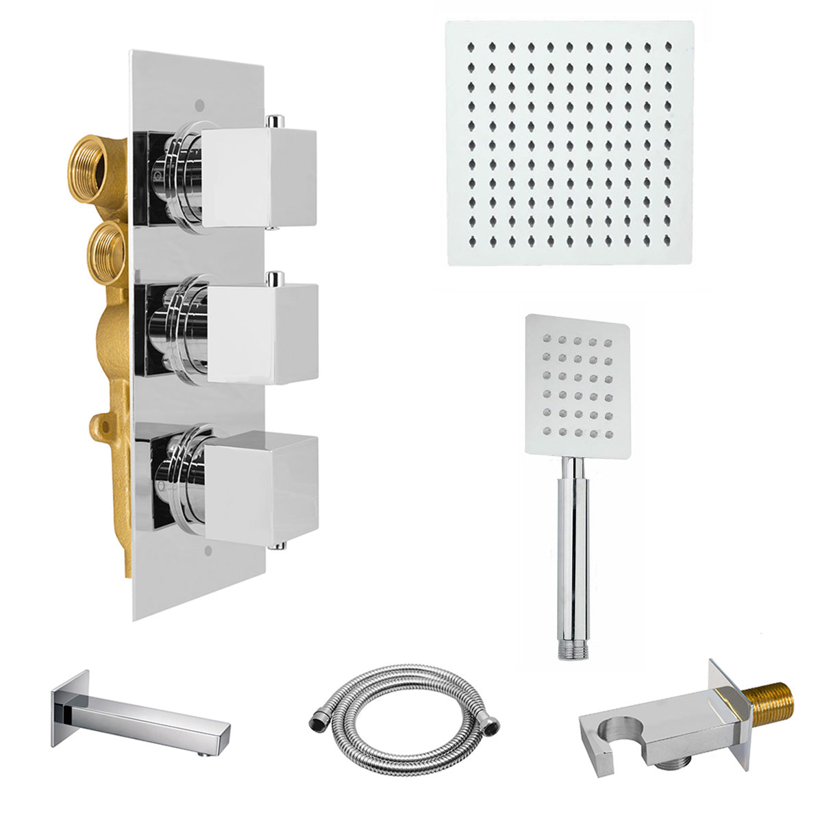 Olive Square 3 Way Concealed Thermostatic Shower Mixer Valve Bath Spout Shower Head Arm Handheld Set Chrome