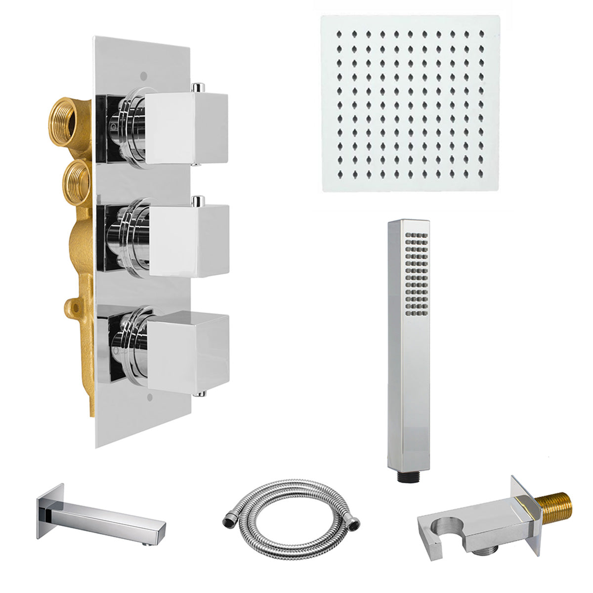 Olive Square 3 Way Concealed Thermostatic Shower Mixer Valve Bath Spout Shower Head Arm Handheld Set Chrome