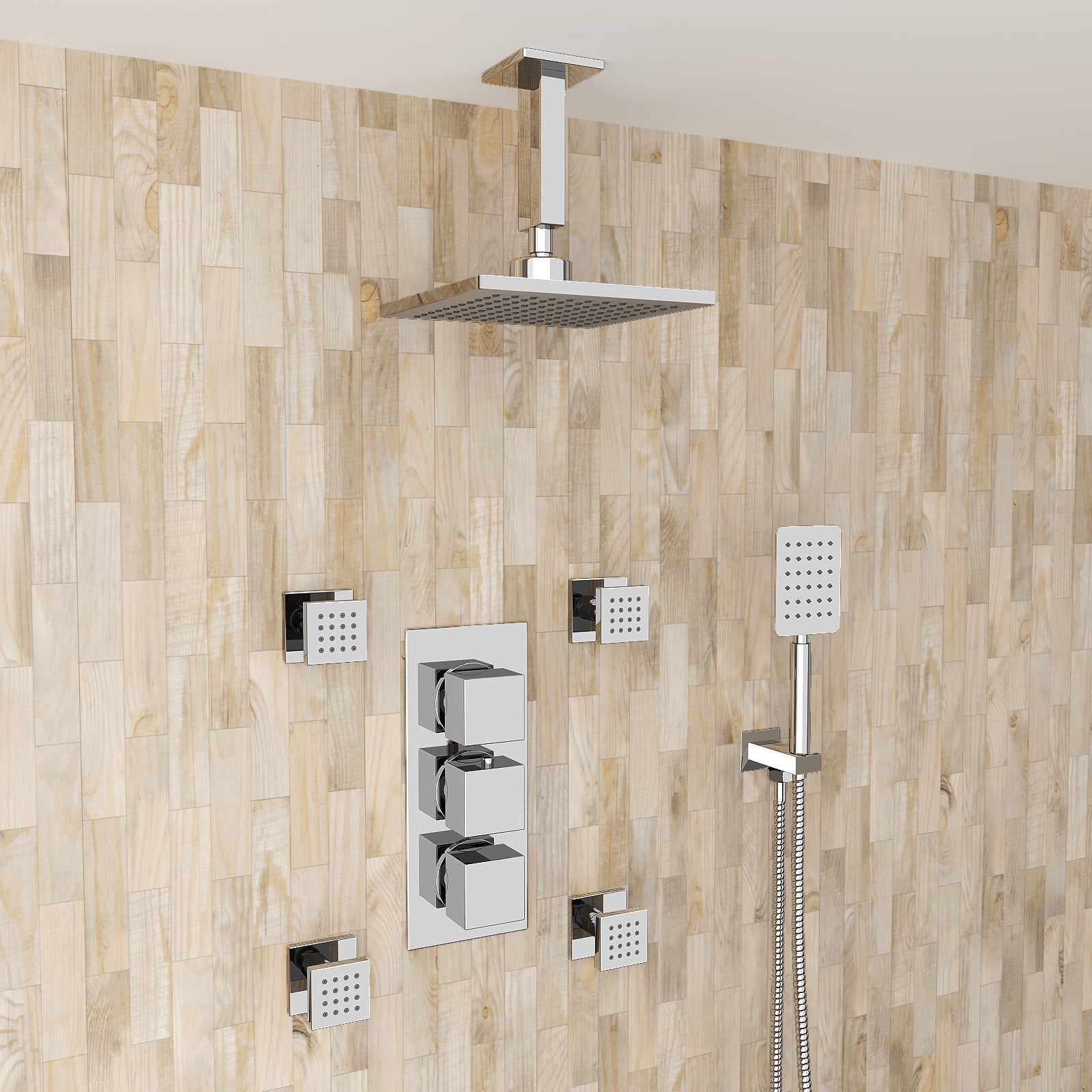 Olive Square 3 Way Concealed Thermostatic Shower Mixer Valve, Ceiling Shower Head, Handset, 4x Body Jets Set Chrome