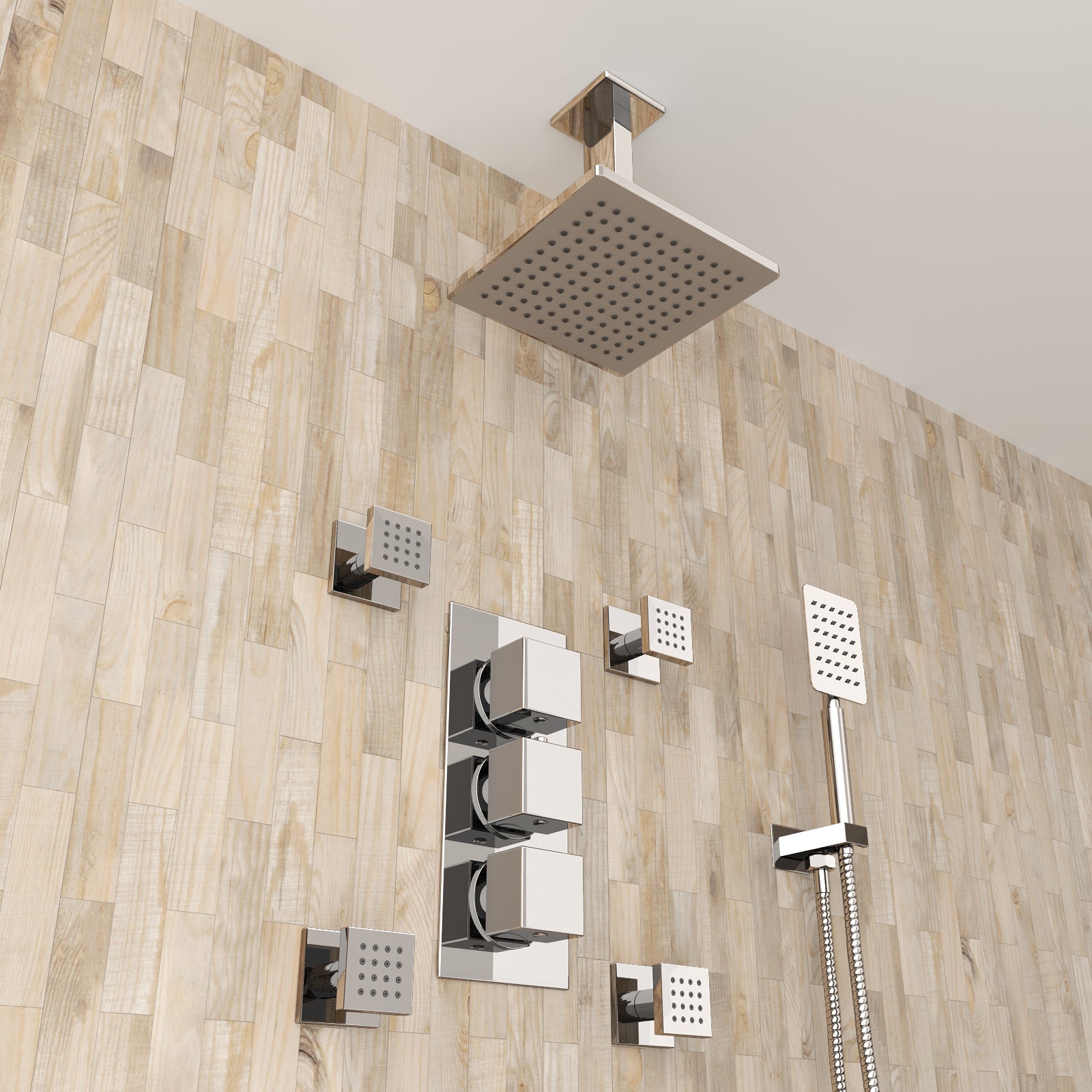 Olive Square 3 Way Concealed Thermostatic Shower Mixer Valve, Ceiling Shower Head, Handset, 4x Body Jets Set Chrome