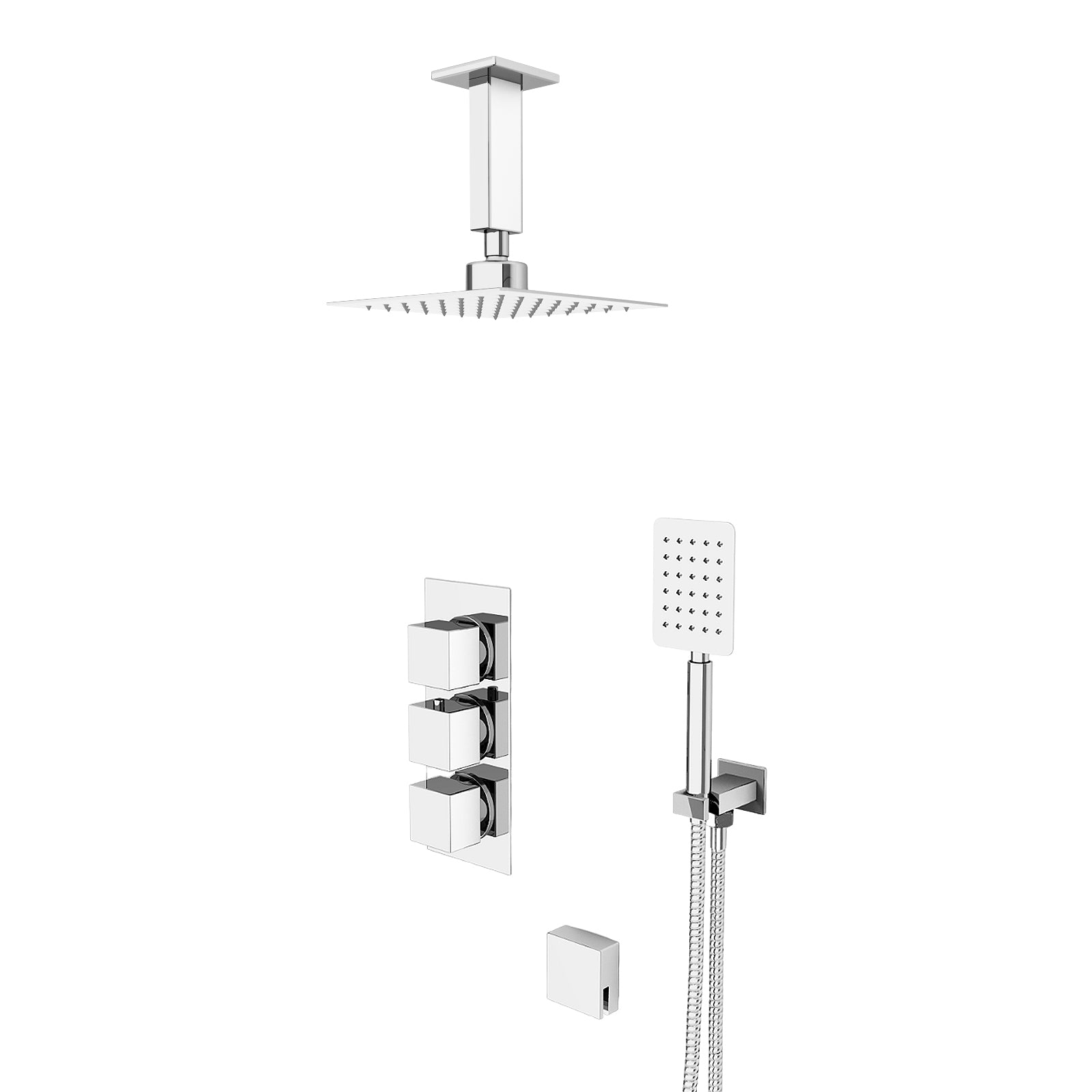 Olive Square 3 Way Concealed Thermostatic Shower Mixer Valve, Ceiling Shower Head, Handset, Bath Filler Set Chrome