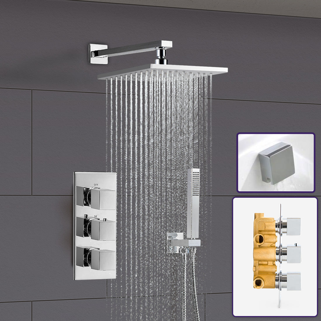 2 Way Concealed Thermostatic Shower Mixer Valve Chrome 200mm Slim Overhead