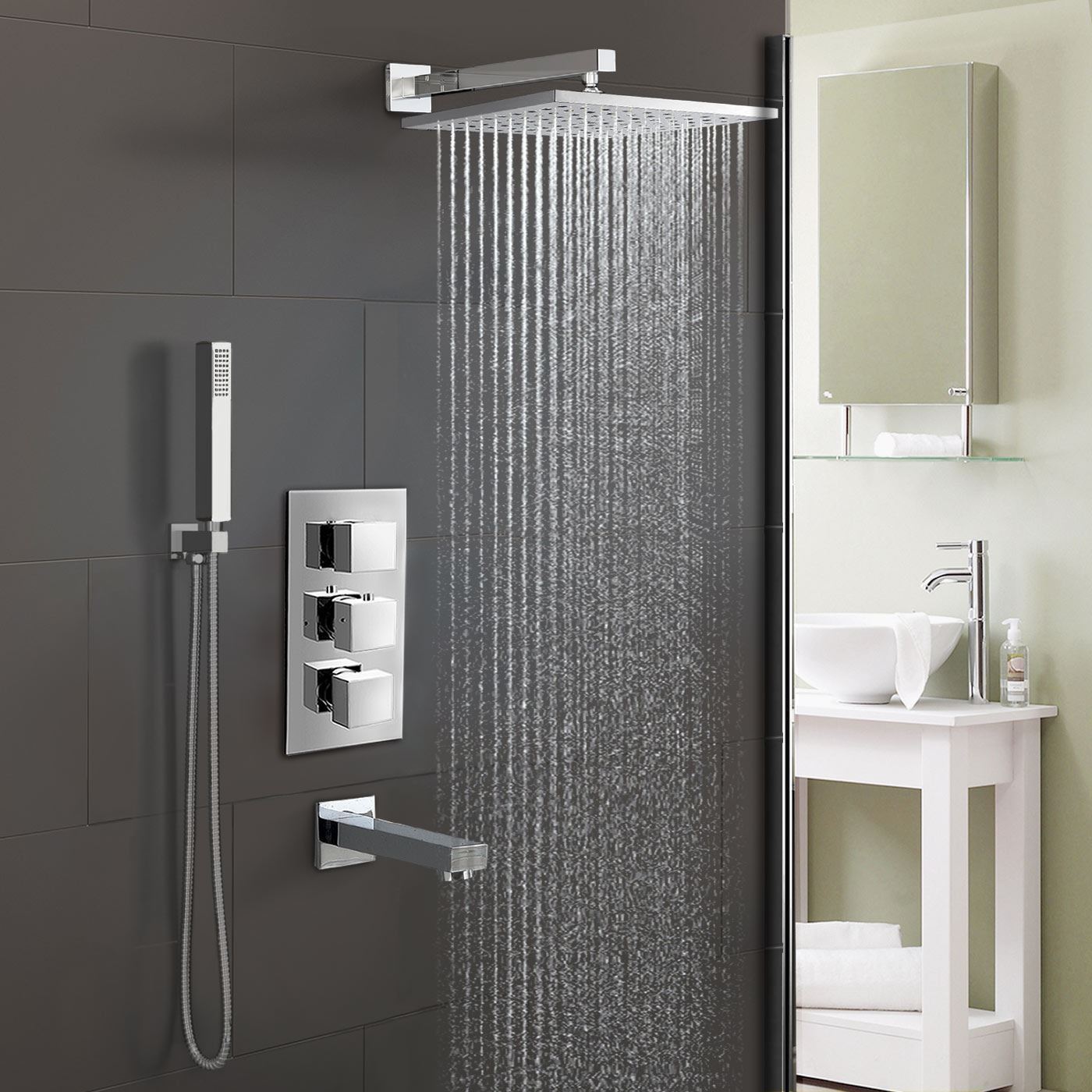 Olive Chrome Square 3 Way Concealed Thermostatic Shower Mixer Set - Shower Head, Handset & Bath Filler Spout