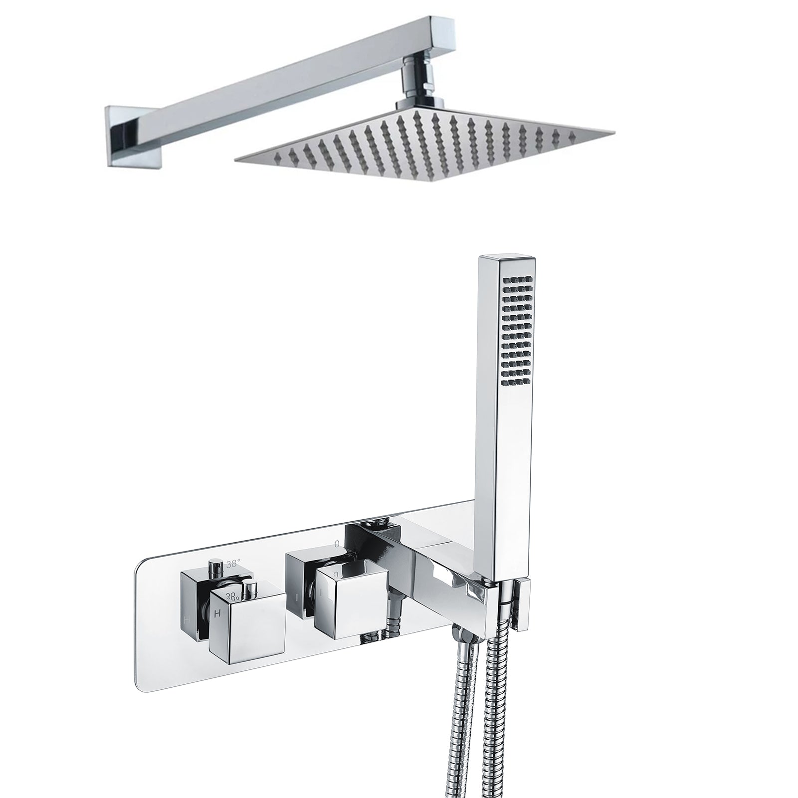 Bathroom 2 Dial 2 Way Square Concealed Thermostatic Valve - Shower Slim Head & Handset