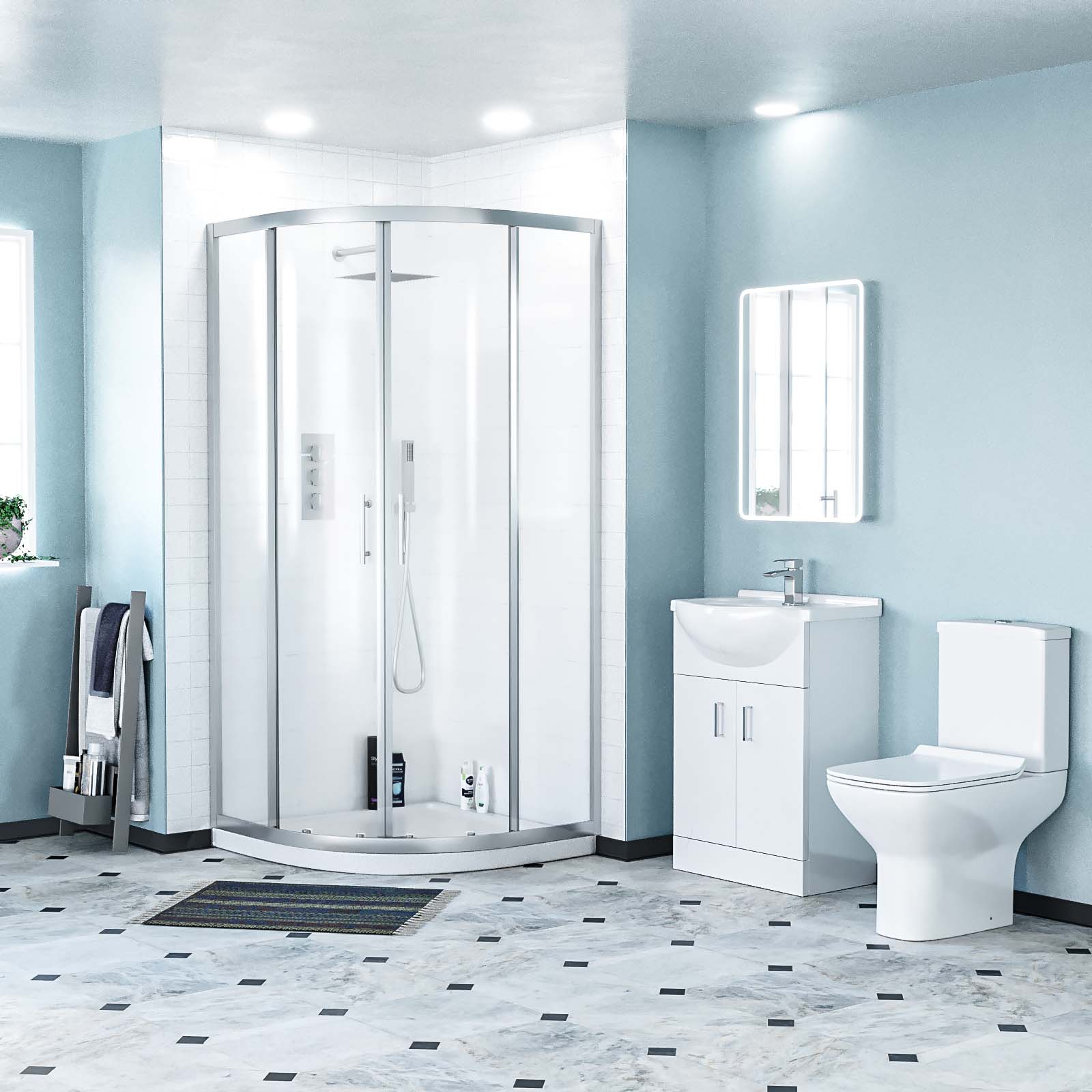 Ellen Rimless Close Coupled Toilet, Flat Pack Vanity Basin Unit, 900mm Quadrant Shower Enclosure and Shower Tray Suite White