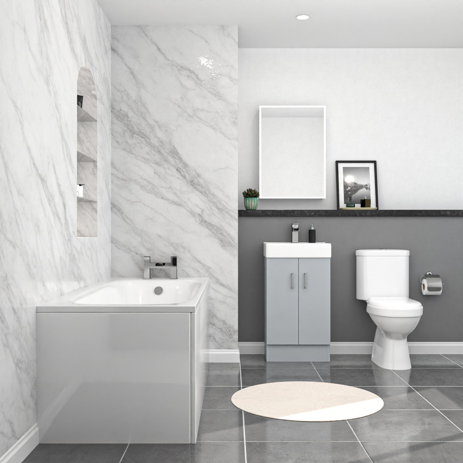 Nanuya Matte Grey 450mm Basin Vanity Toilet & Round Bath With Panels Flat Pack