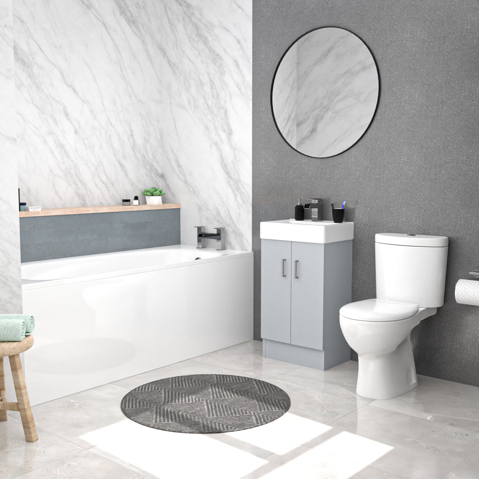 Nanuya 450mm Matte Grey Basin Vanity Unit, Rimless Toilet & Round Bath